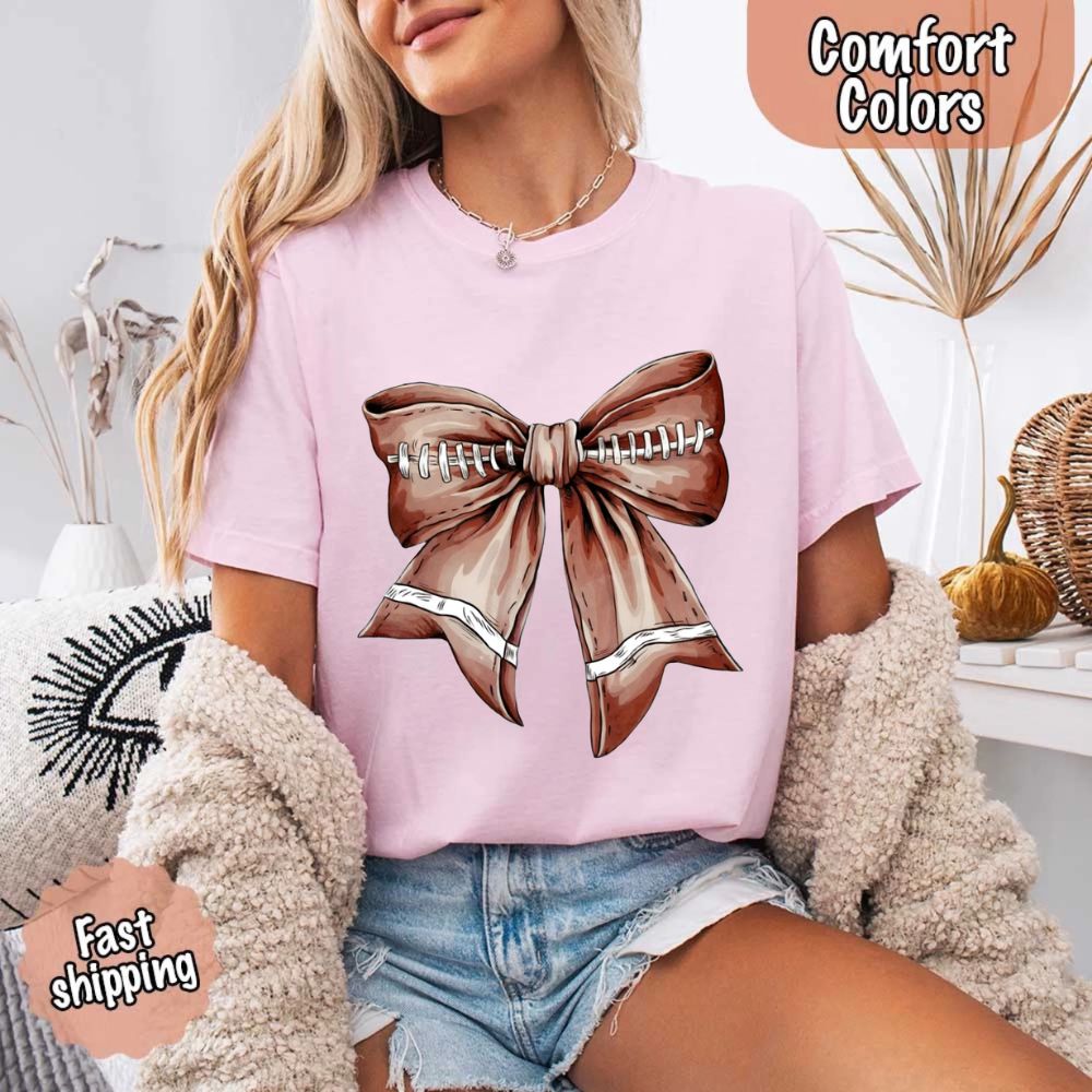 Comfort Colors Vintage Football Bow T-Shirt – Cute Game Day Tee for Women