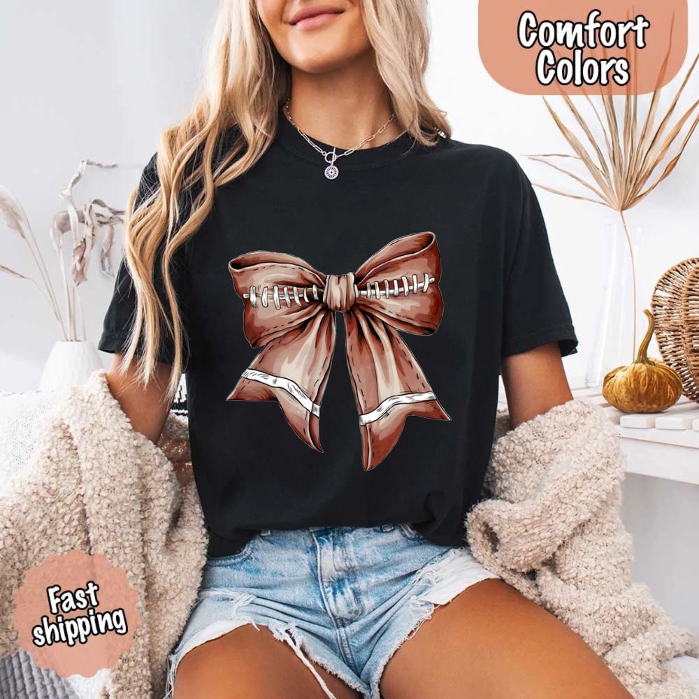 Comfort Colors Vintage Football Bow T-Shirt – Cute Game Day Tee for Women
