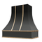 Campana extractora negra con frente curvo, correas y botones de latón: anchos disponibles de 30", 36", 42", 48", 54" y 60"
