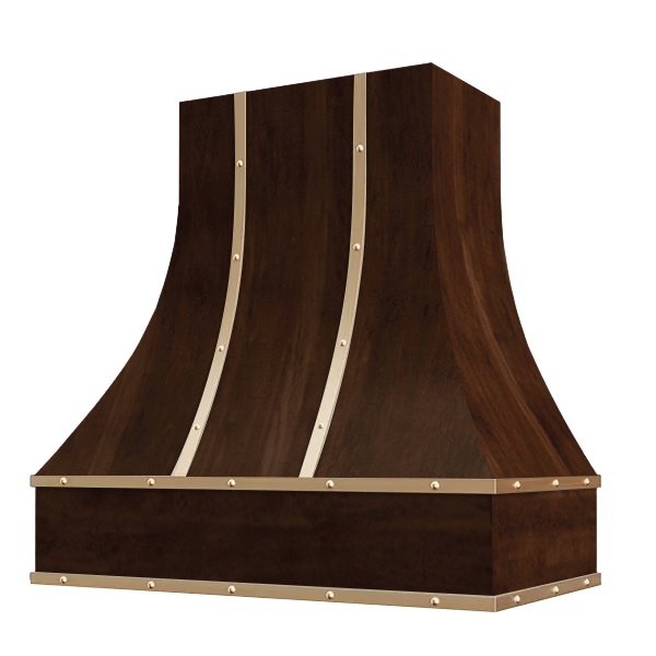 Espresso Range Hood With Curved Front, Brass Strapping and Buttons - 30