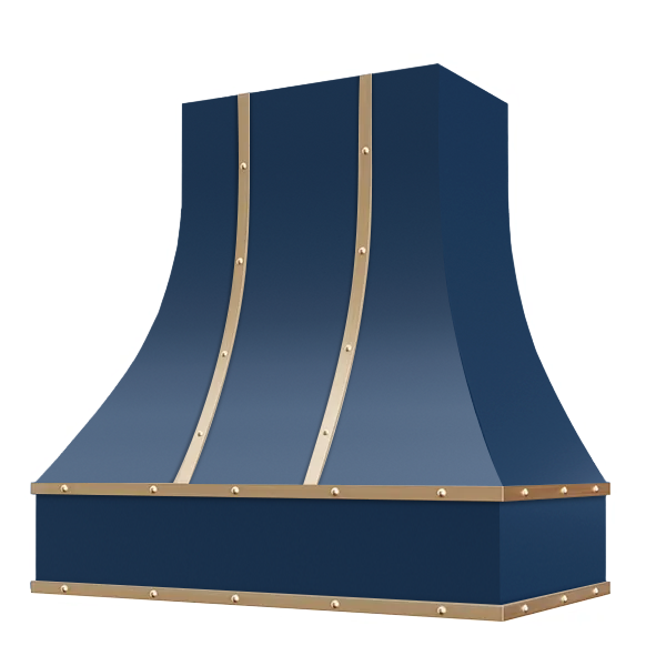 Navy Blue Range Hood With Curved Front, Brass Strapping, Buttons and Block Trim - 30", 36", 42", 48", 54" and 60" Widths Available