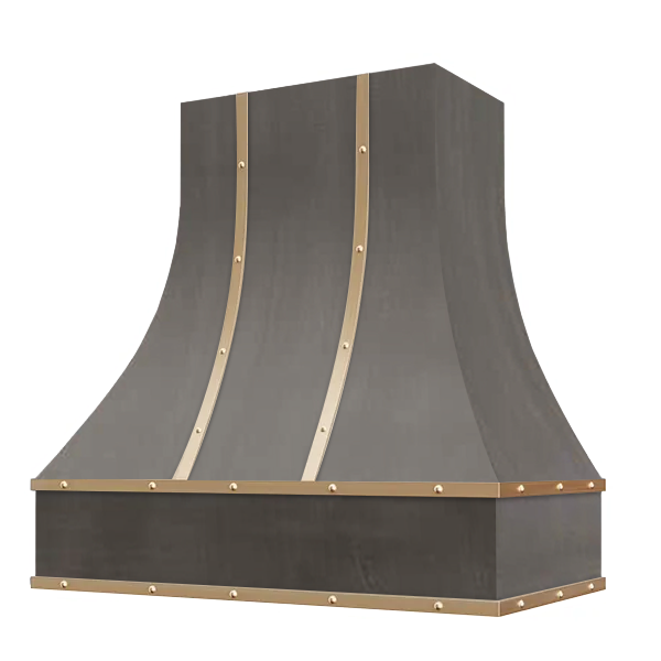 Stained Gray Range Hood With Curved Front, Brass Strapping, Buttons and Block Trim - 30", 36", 42", 48", 54" and 60" Widths Available