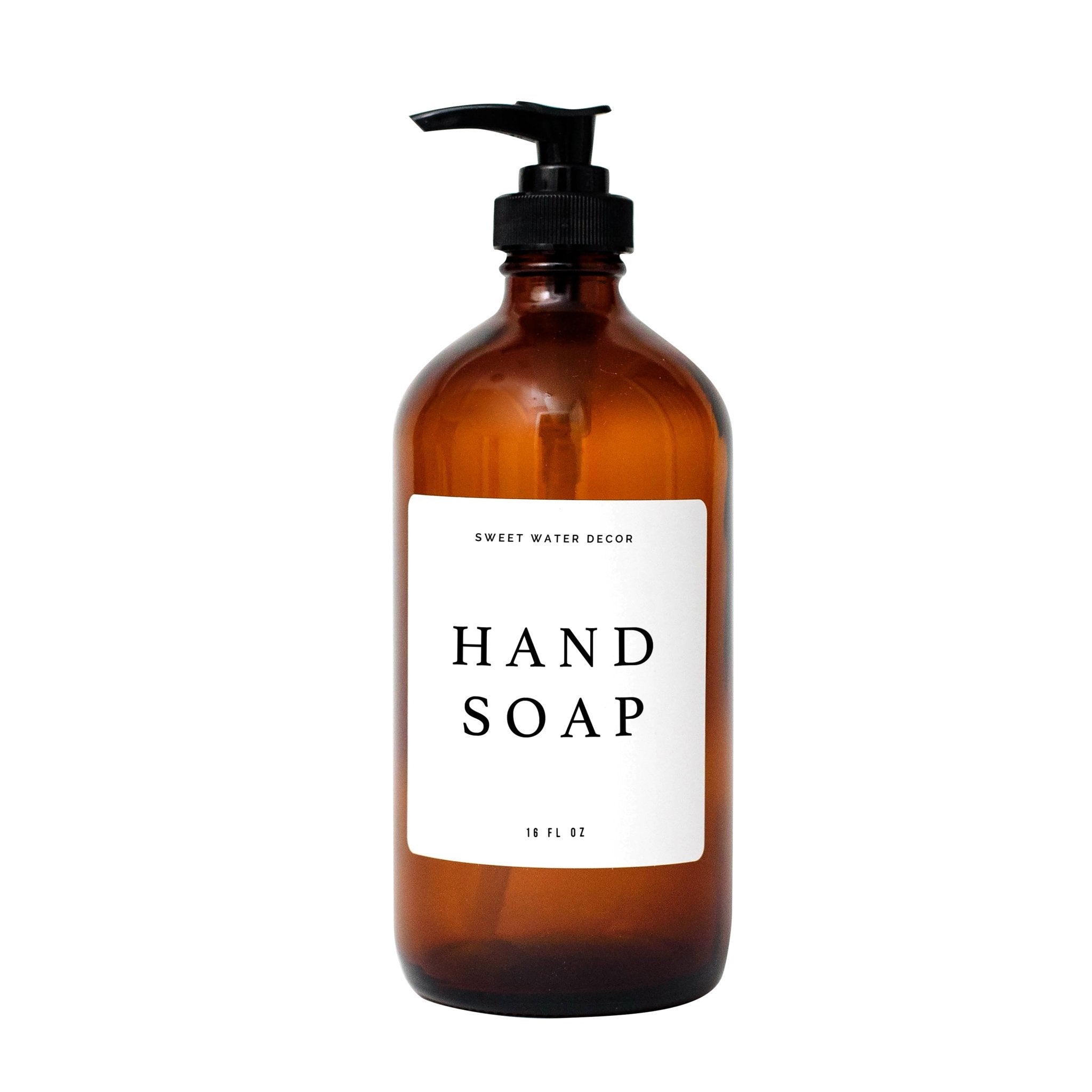 Dispensador de jabón de manos de vidrio ámbar de 16 oz - Etiqueta de texto blanca