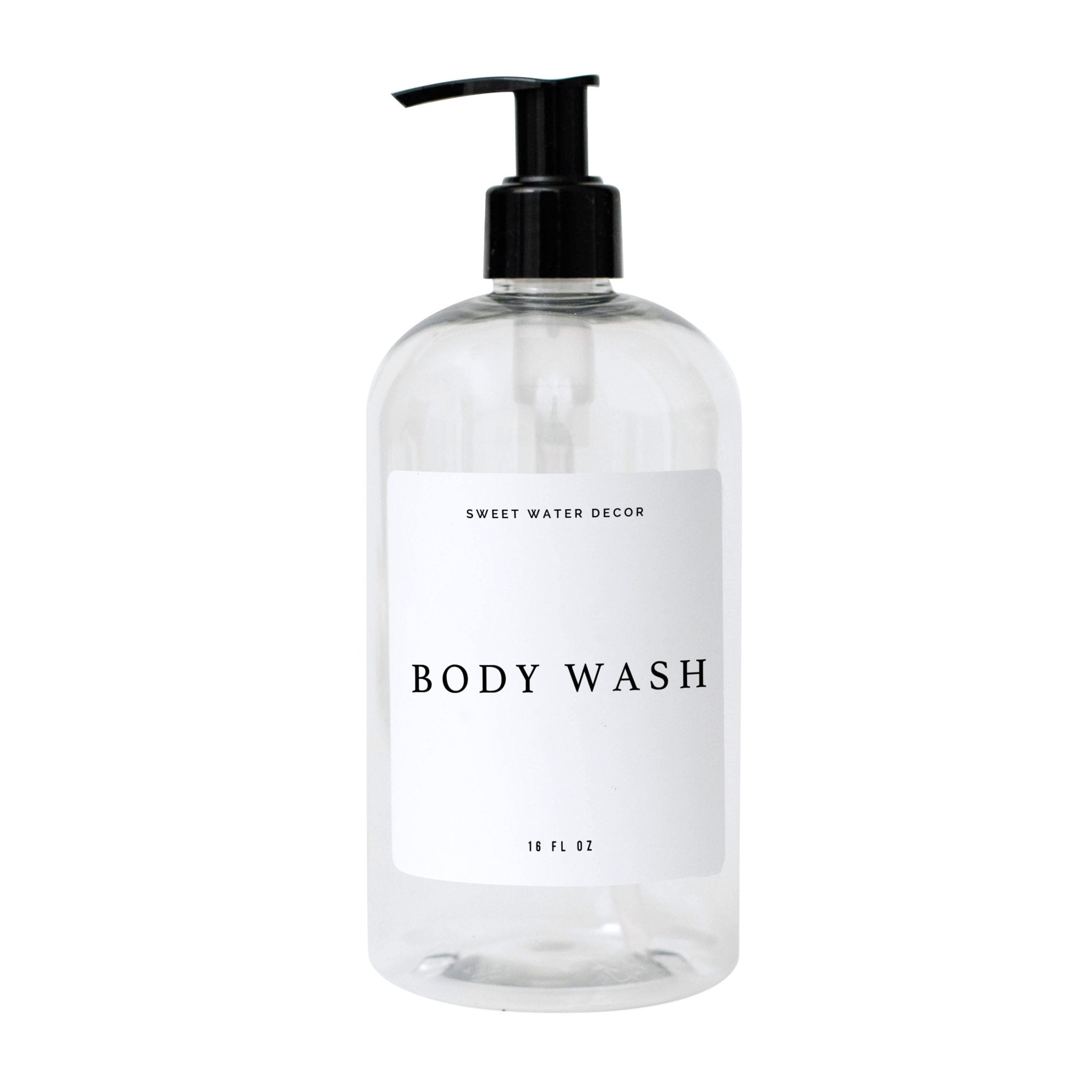 Dispensador de gel de baño de plástico transparente de 16 oz - Etiqueta de texto blanca