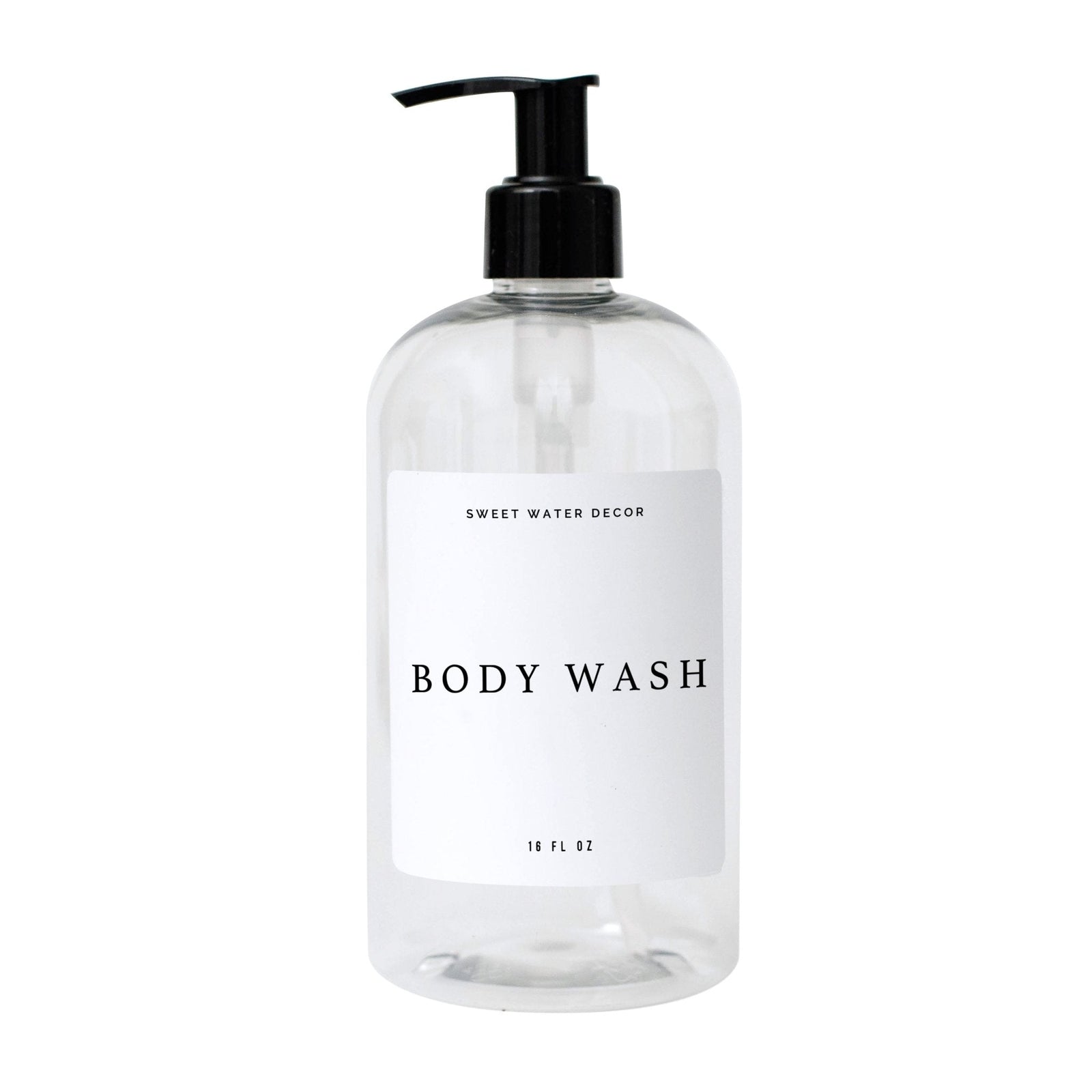 Dispensador de gel de baño de plástico transparente de 16 oz - Etiqueta de texto blanca