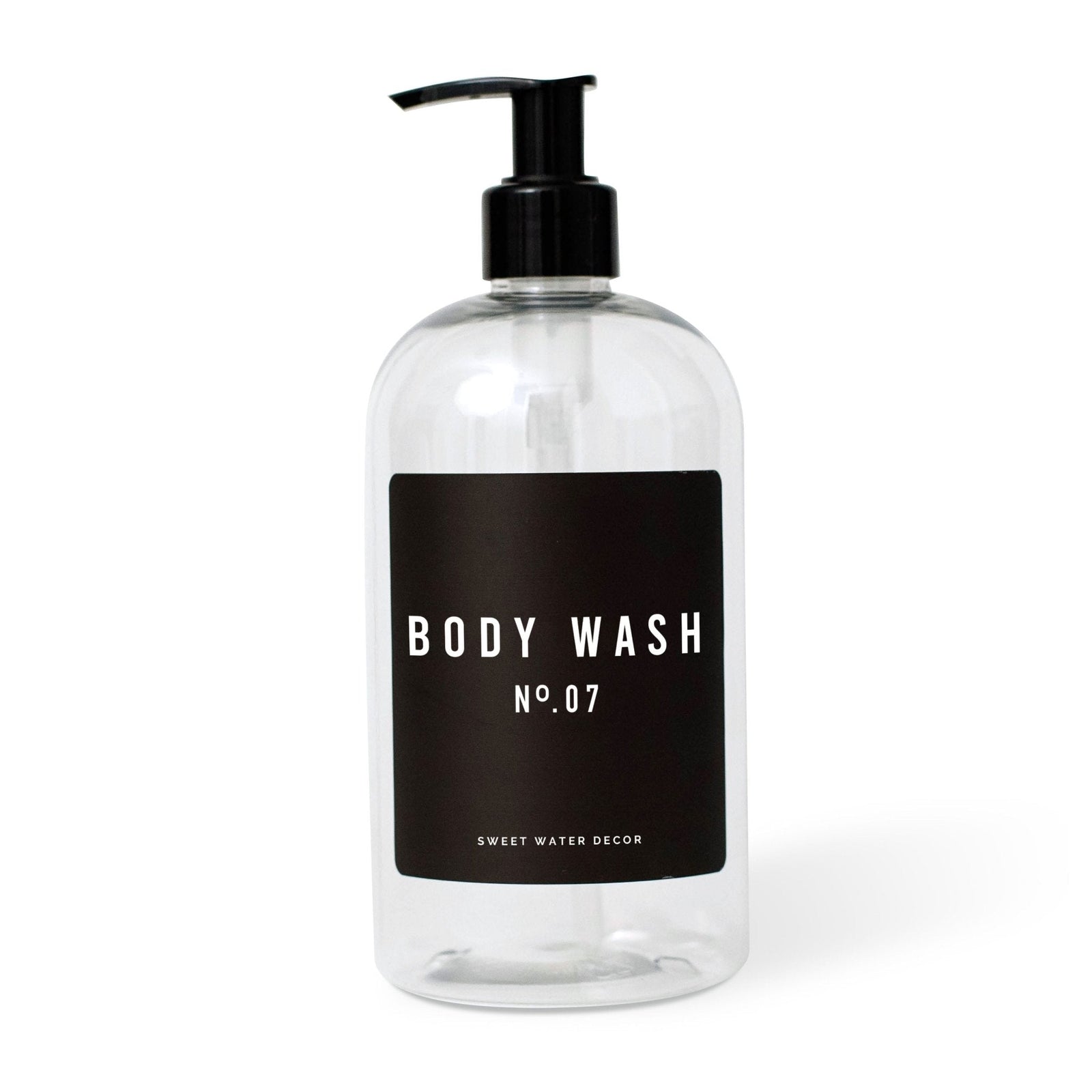 Dispensador de gel de baño de plástico transparente de 16 oz - Etiqueta negra