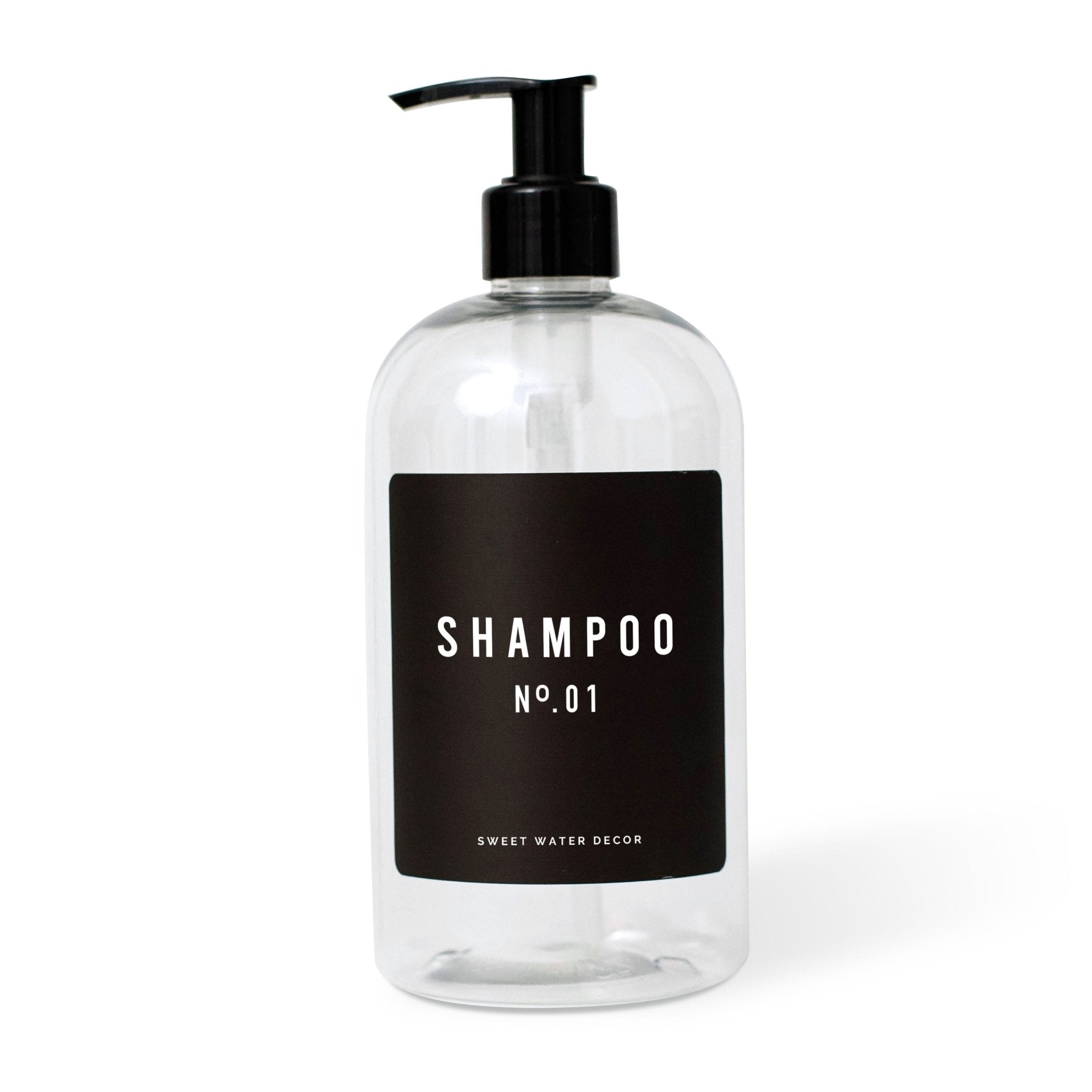 Dispensador de champú de plástico transparente de 16 oz - Etiqueta negra