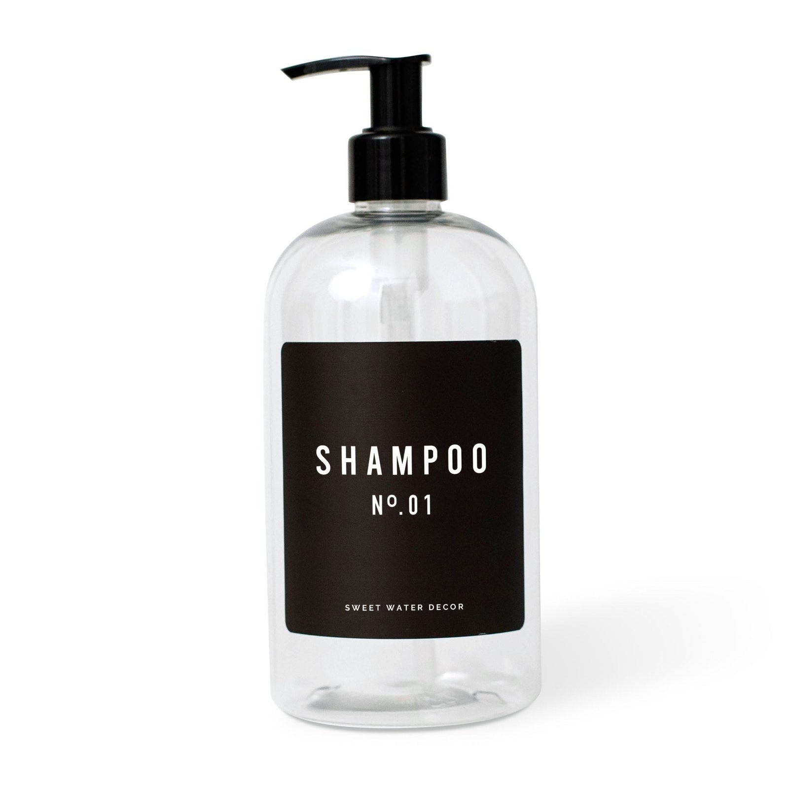 Dispensador de champú de plástico transparente de 16 oz - Etiqueta negra