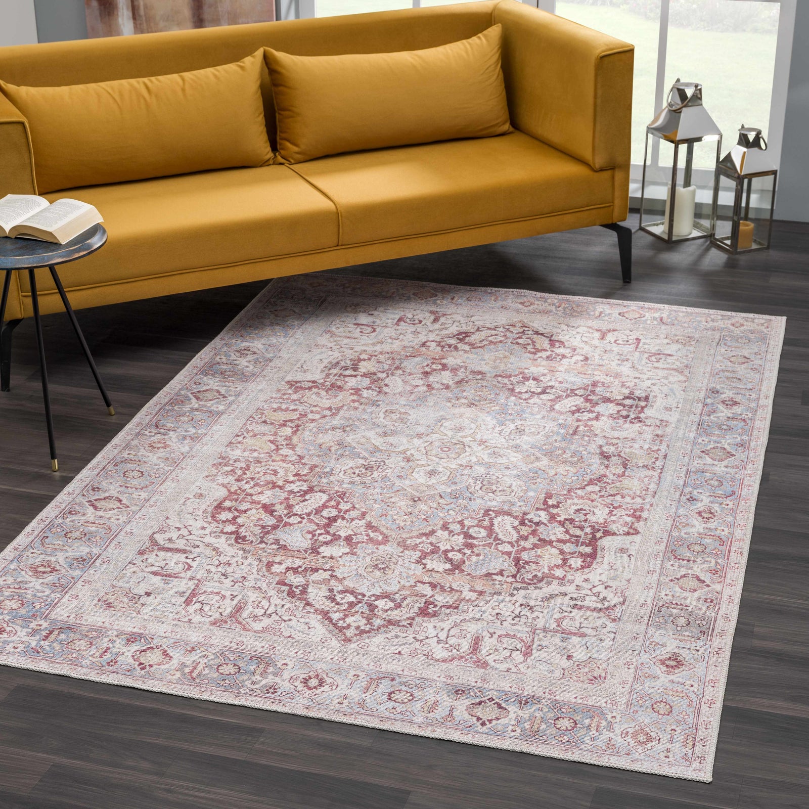 Alfombra lavable vintage Leeston en color crema óxido - Oferta