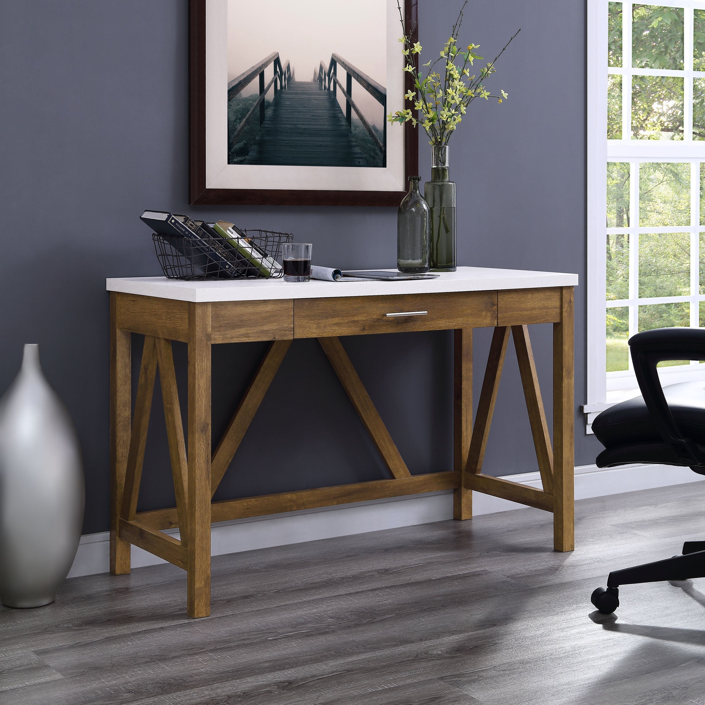 Mesa consola de escritorio rústica con estructura en forma de A