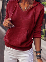 Drawstring V-Neck Hoodie with Front Pocket