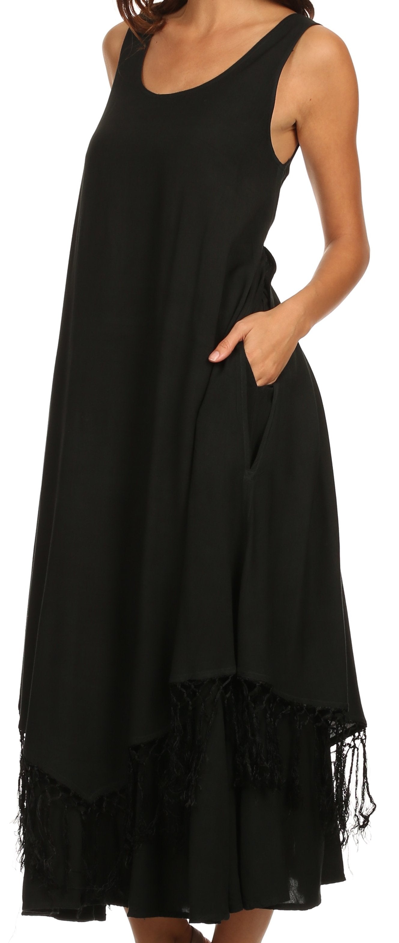 Vestido de tirantes Sakkas Emma de corte relajado, escote redondo, doble capa y flecos