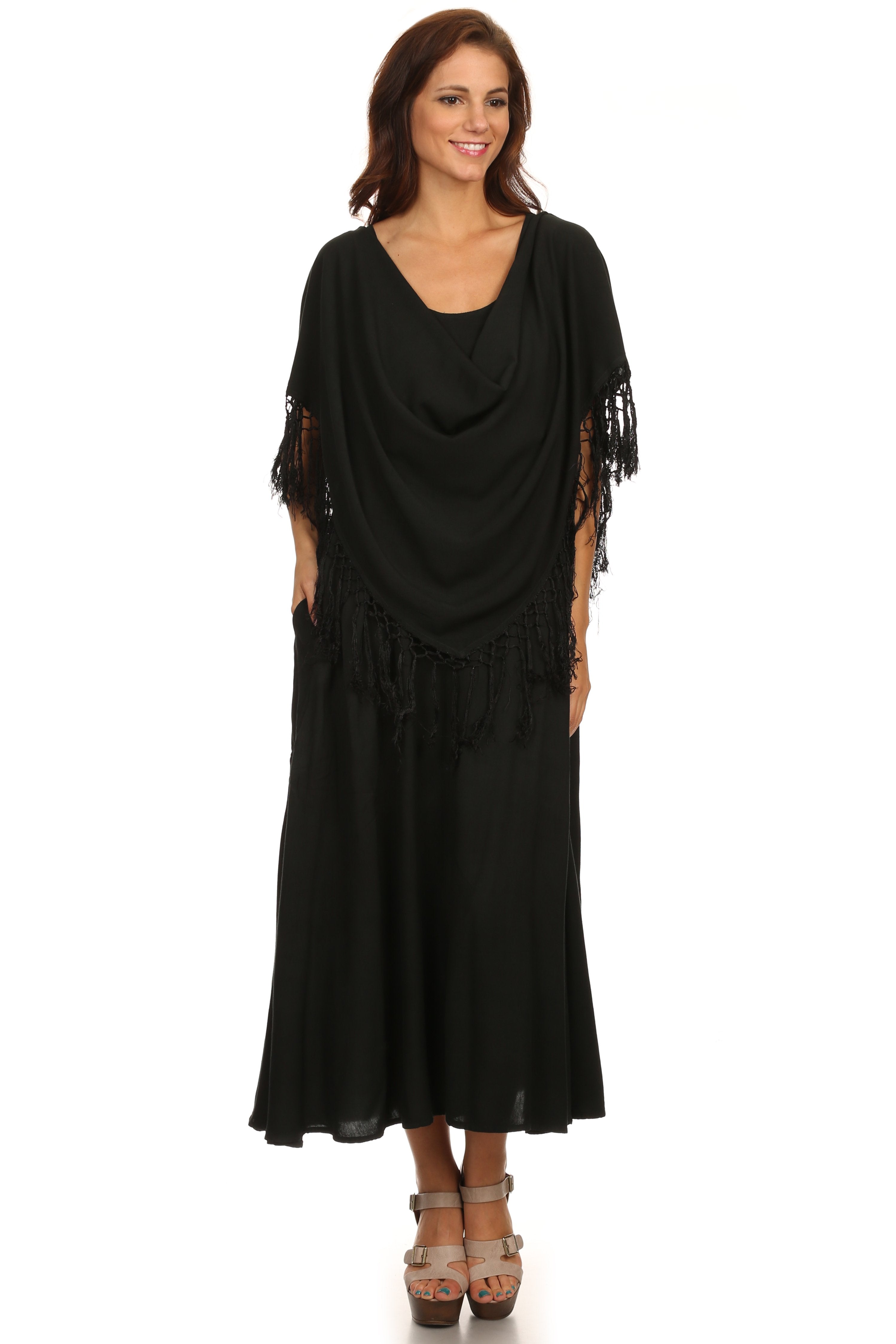 Vestido de tirantes Sakkas Emma de corte relajado, escote redondo, doble capa y flecos