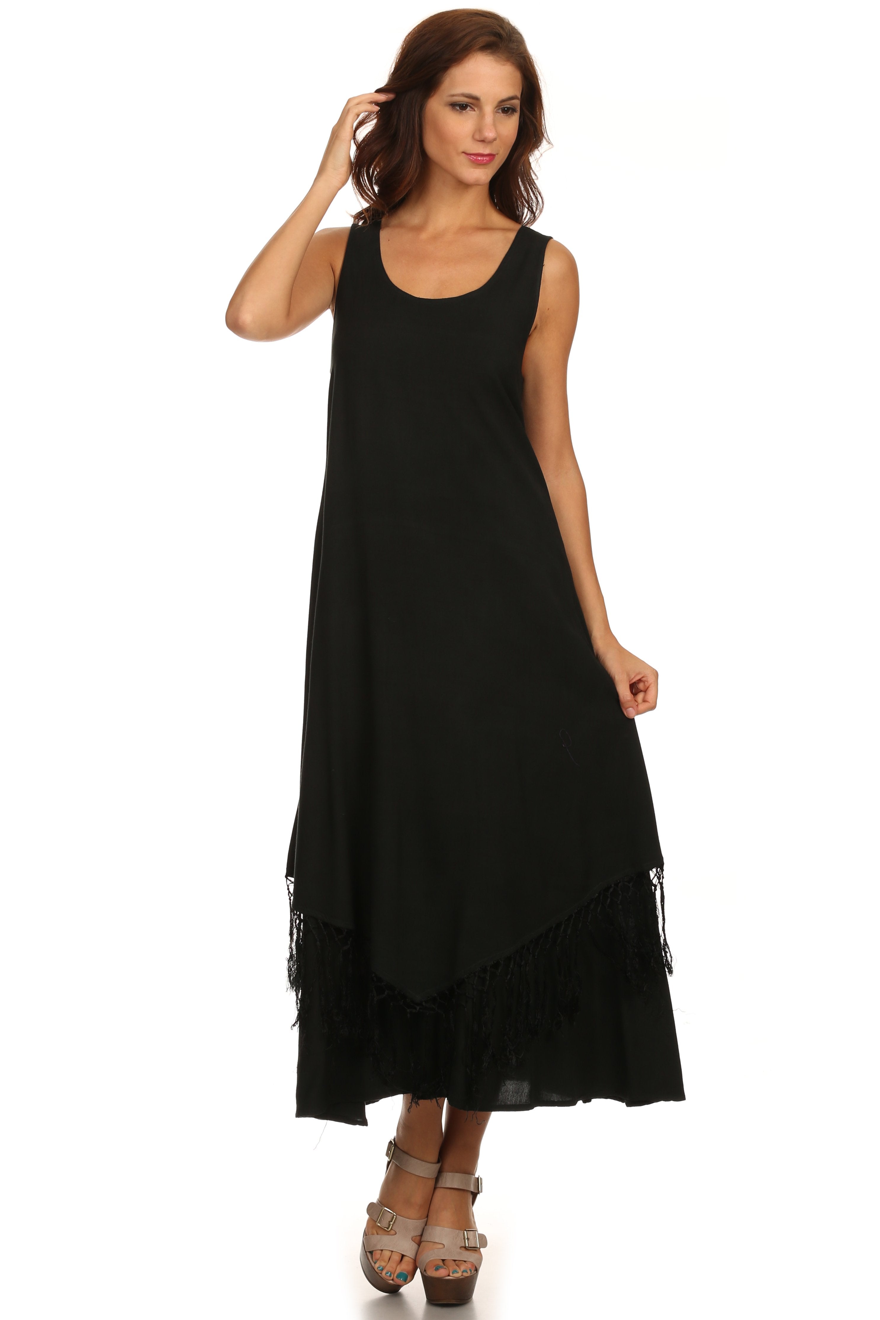Vestido de tirantes Sakkas Emma de corte relajado, escote redondo, doble capa y flecos