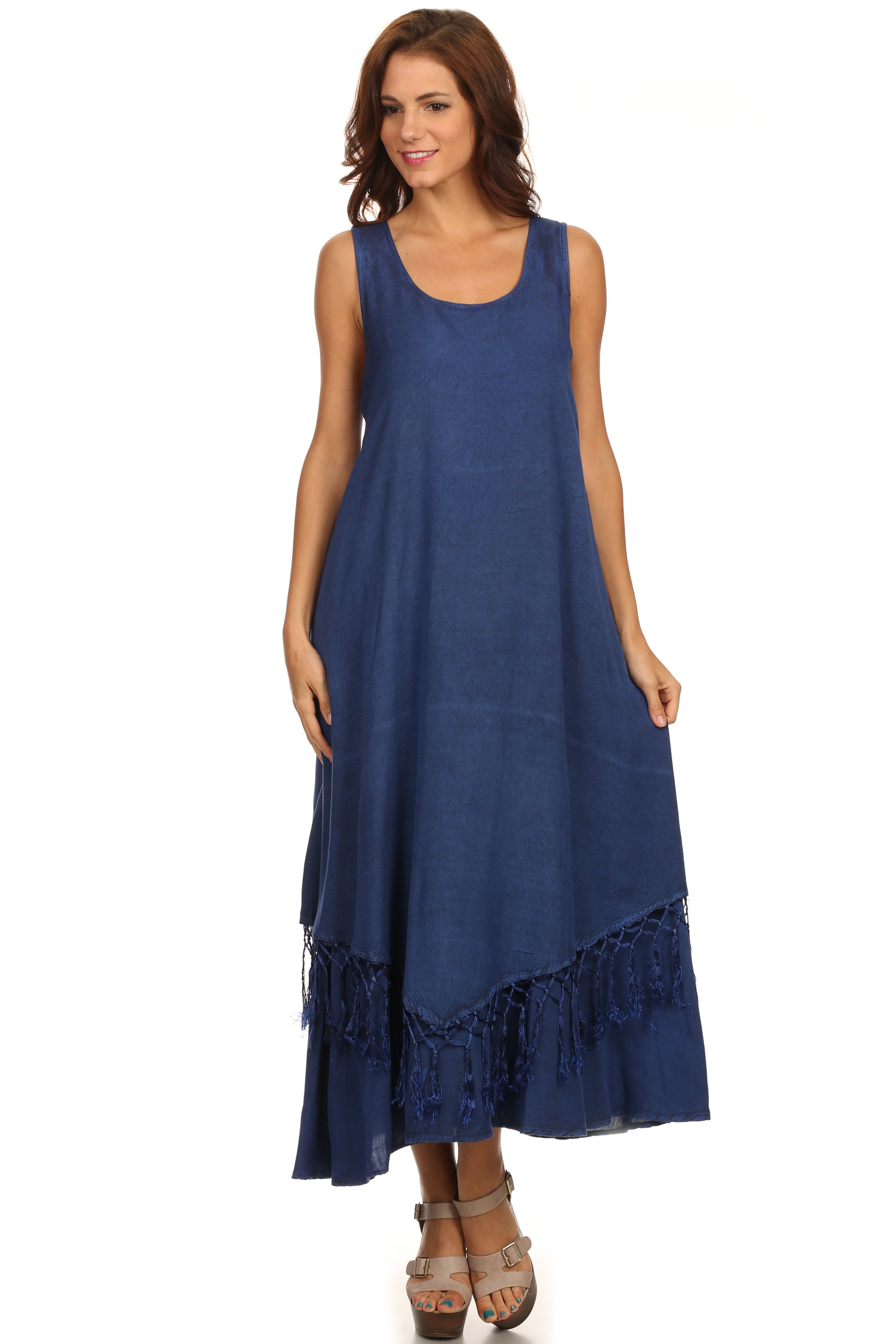 Vestido de tirantes Sakkas Emma de corte relajado, escote redondo, doble capa y flecos