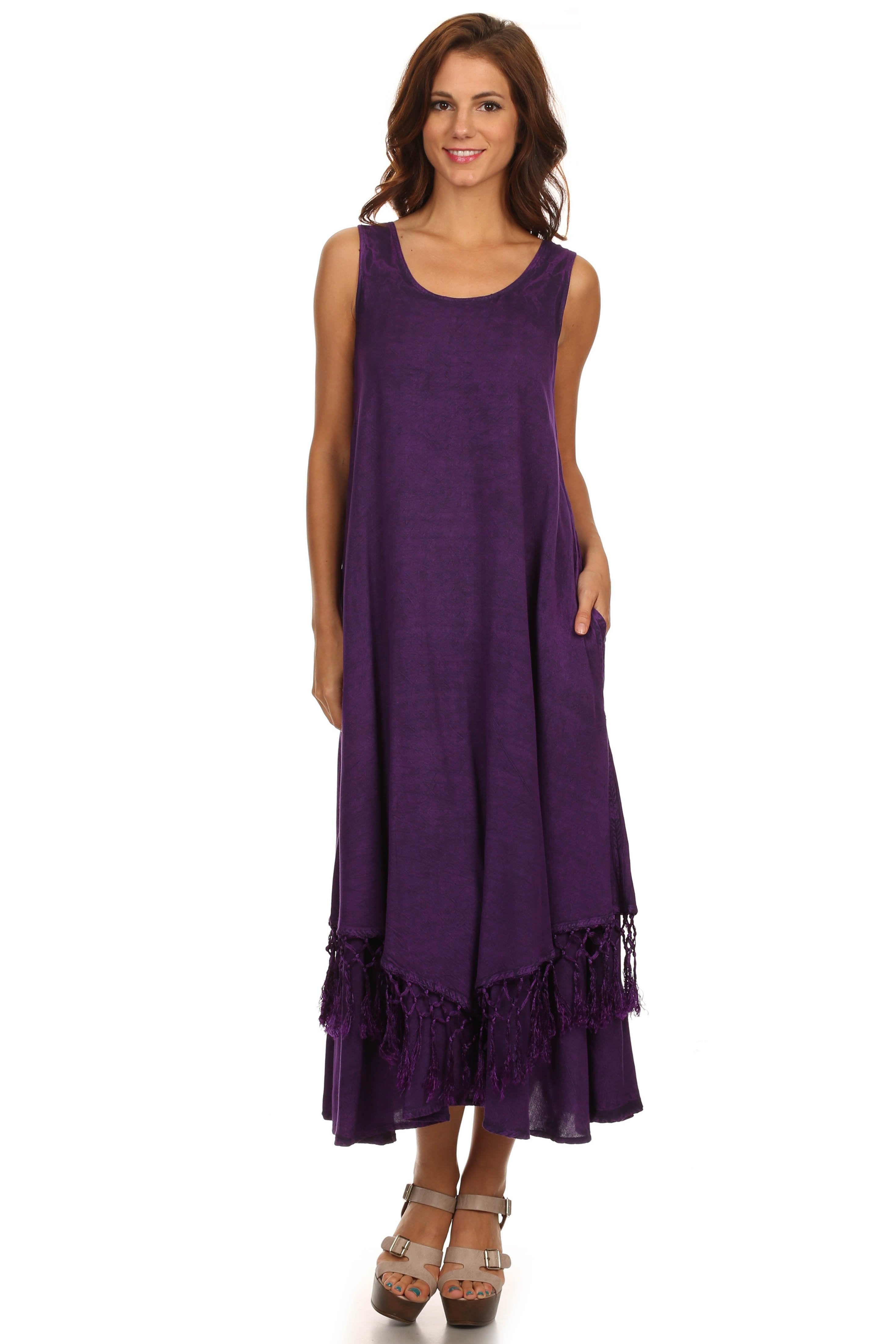 Vestido de tirantes Sakkas Emma de corte relajado, escote redondo, doble capa y flecos
