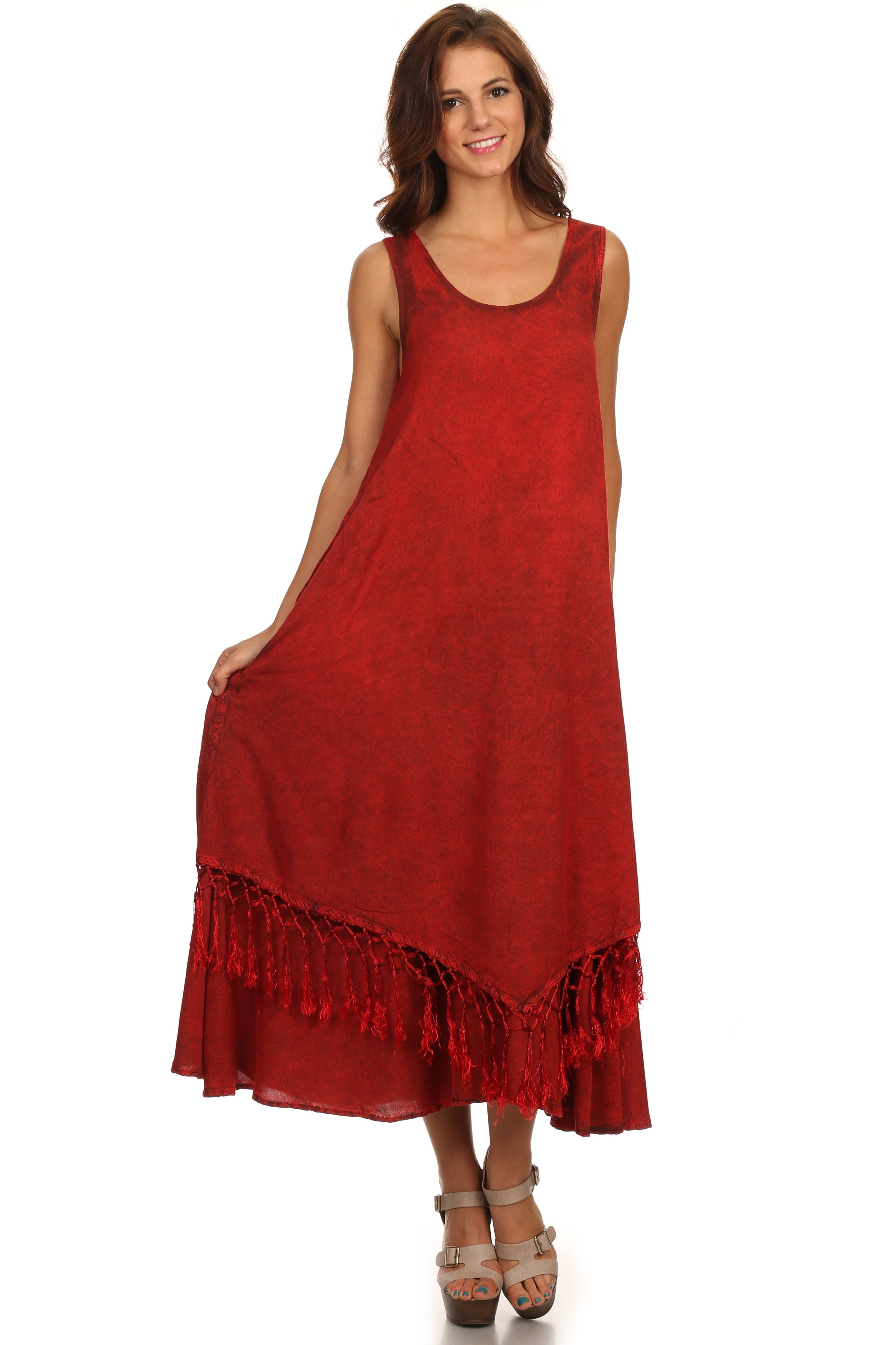 Vestido de tirantes Sakkas Emma de corte relajado, escote redondo, doble capa y flecos