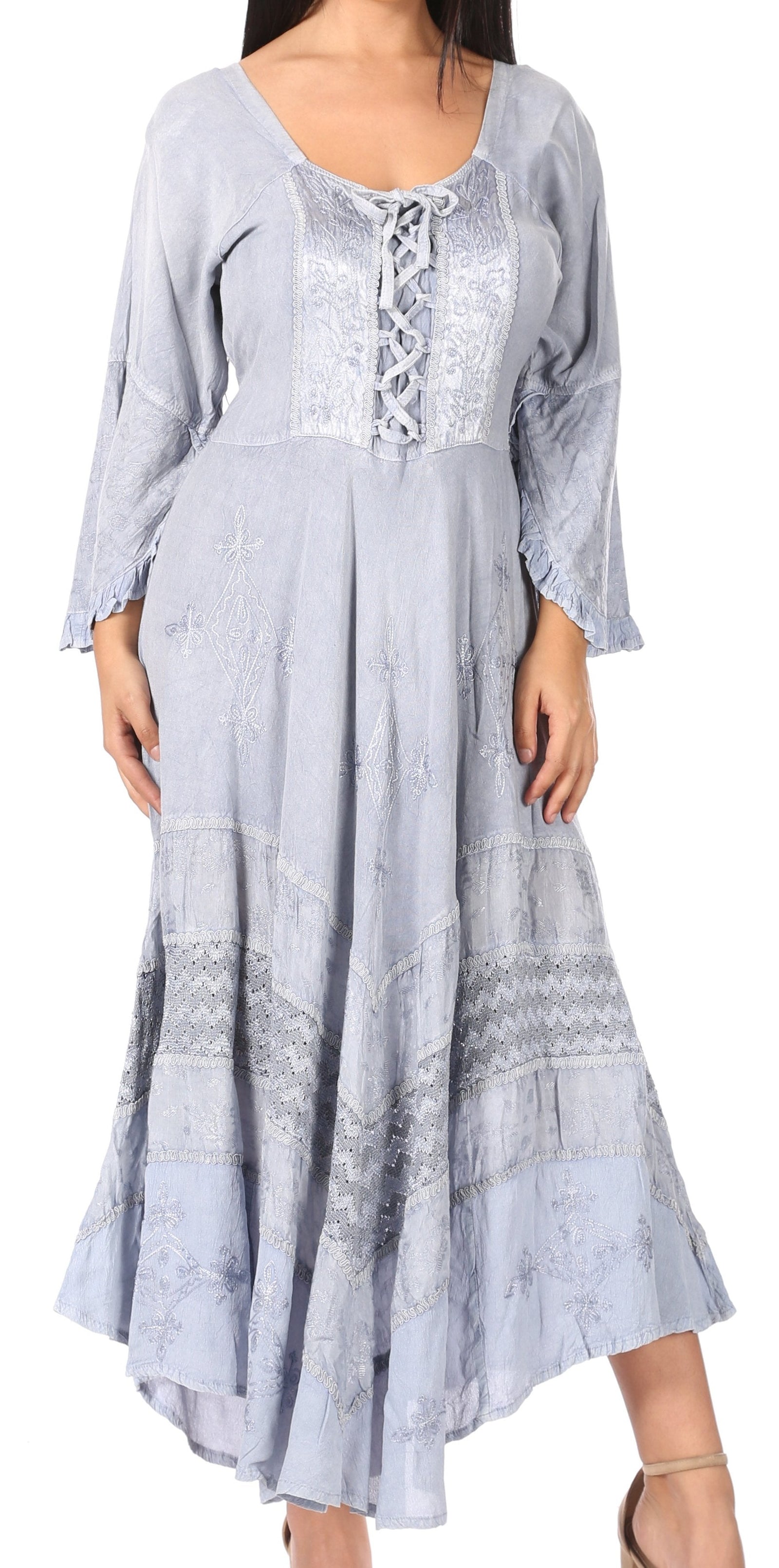Vestido Sakkas Mirabel con mangas estilo kimono, bordado floral, estilo corsé lavado a la piedra