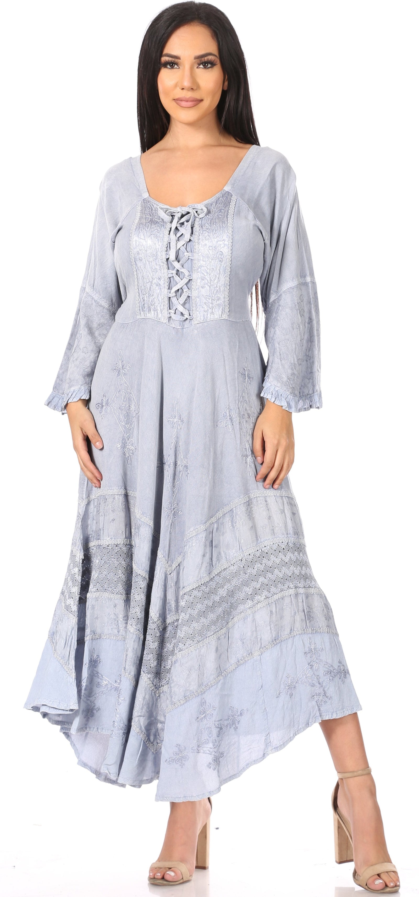 Vestido Sakkas Mirabel con mangas estilo kimono, bordado floral, estilo corsé lavado a la piedra