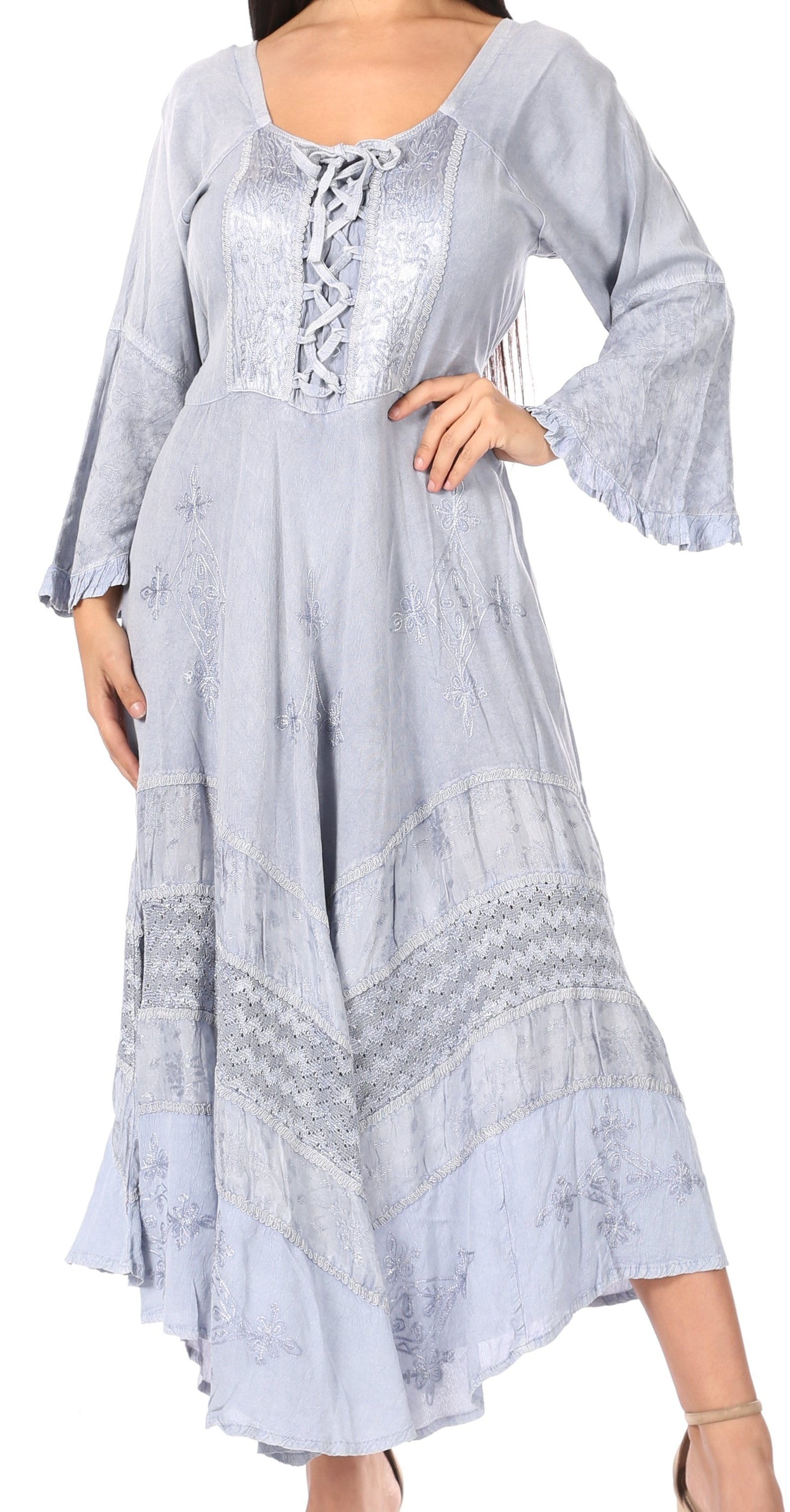 Vestido Sakkas Mirabel con mangas estilo kimono, bordado floral, estilo corsé lavado a la piedra