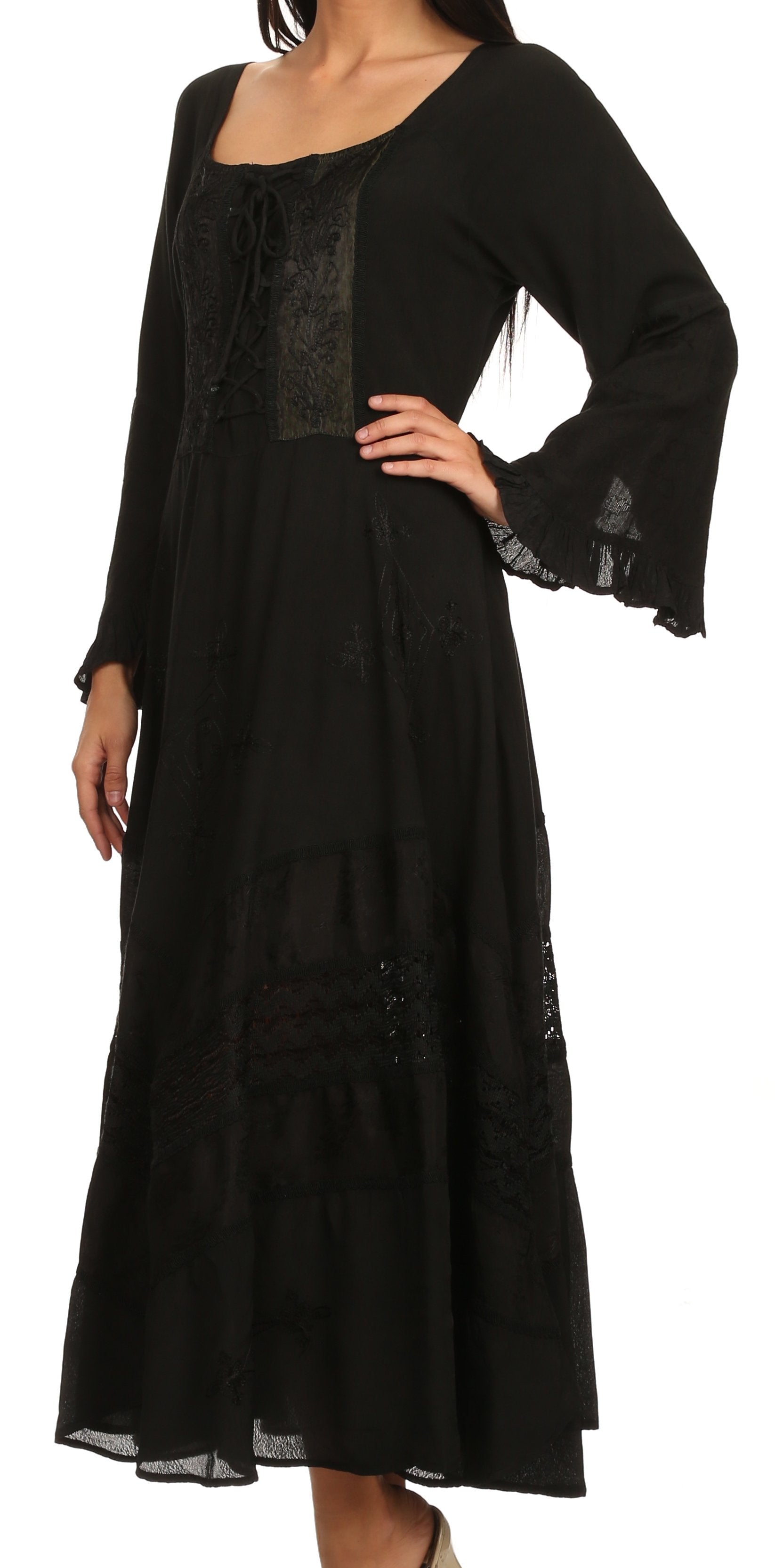 Vestido Sakkas Mirabel con mangas estilo kimono, bordado floral, estilo corsé lavado a la piedra