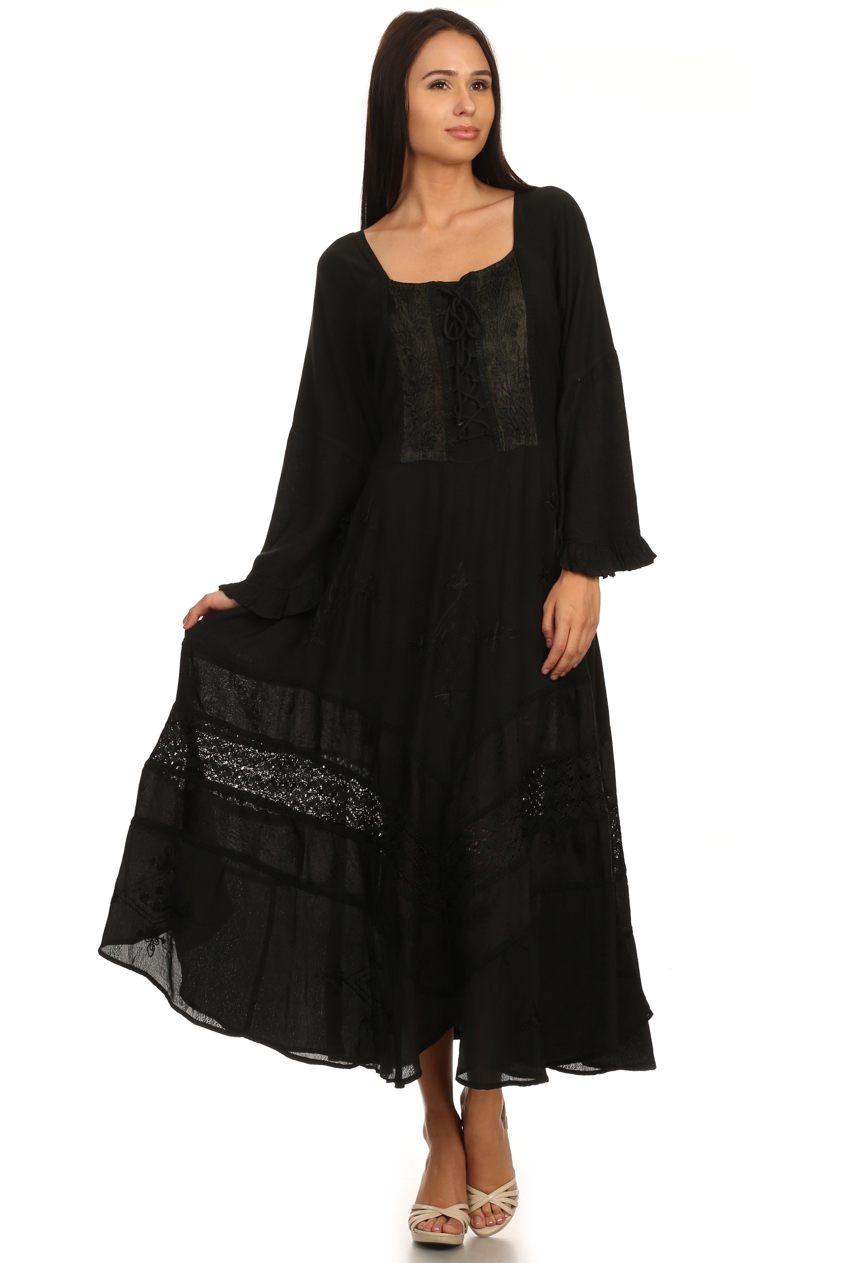 Vestido Sakkas Mirabel con mangas estilo kimono, bordado floral, estilo corsé lavado a la piedra