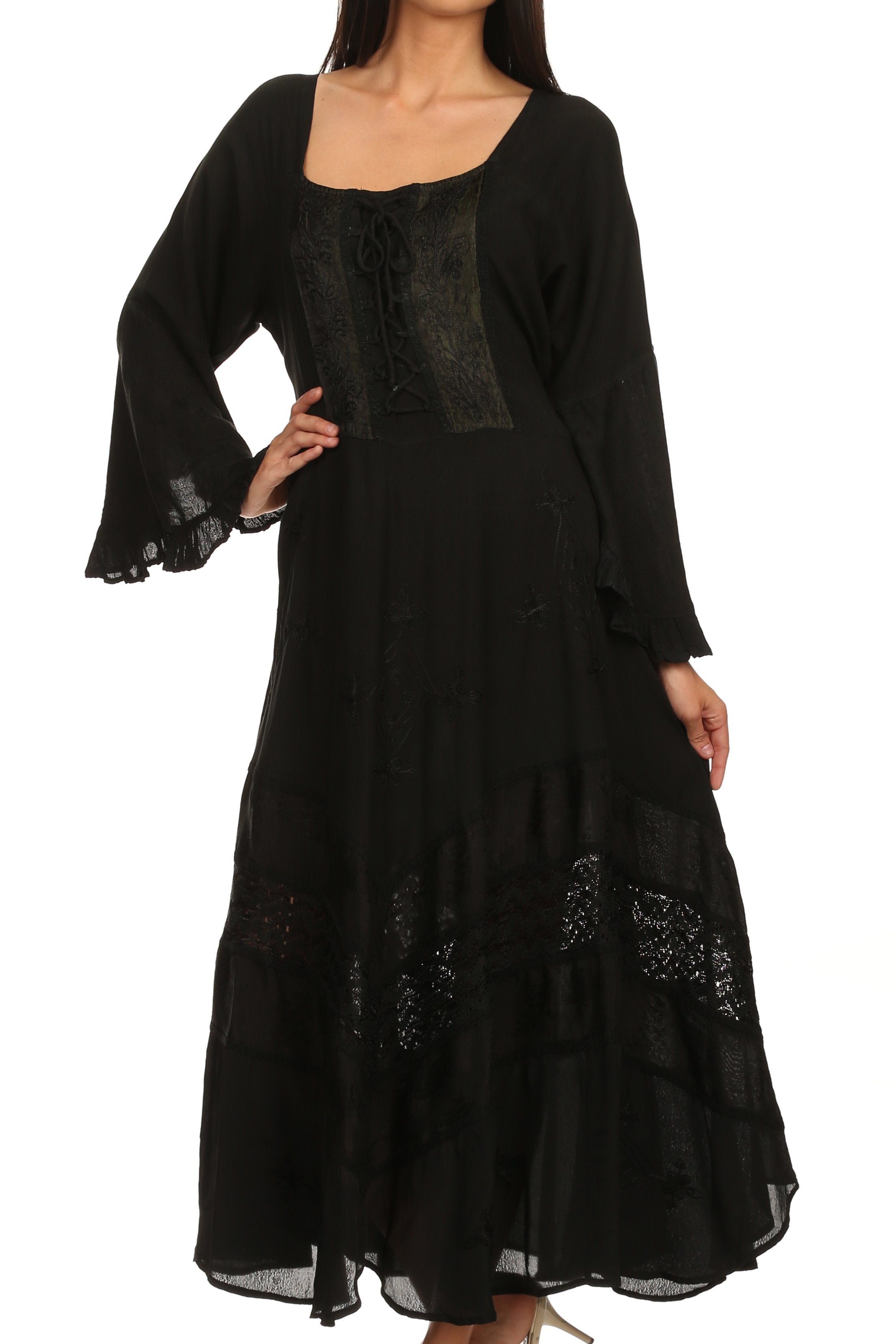 Vestido Sakkas Mirabel con mangas estilo kimono, bordado floral, estilo corsé lavado a la piedra