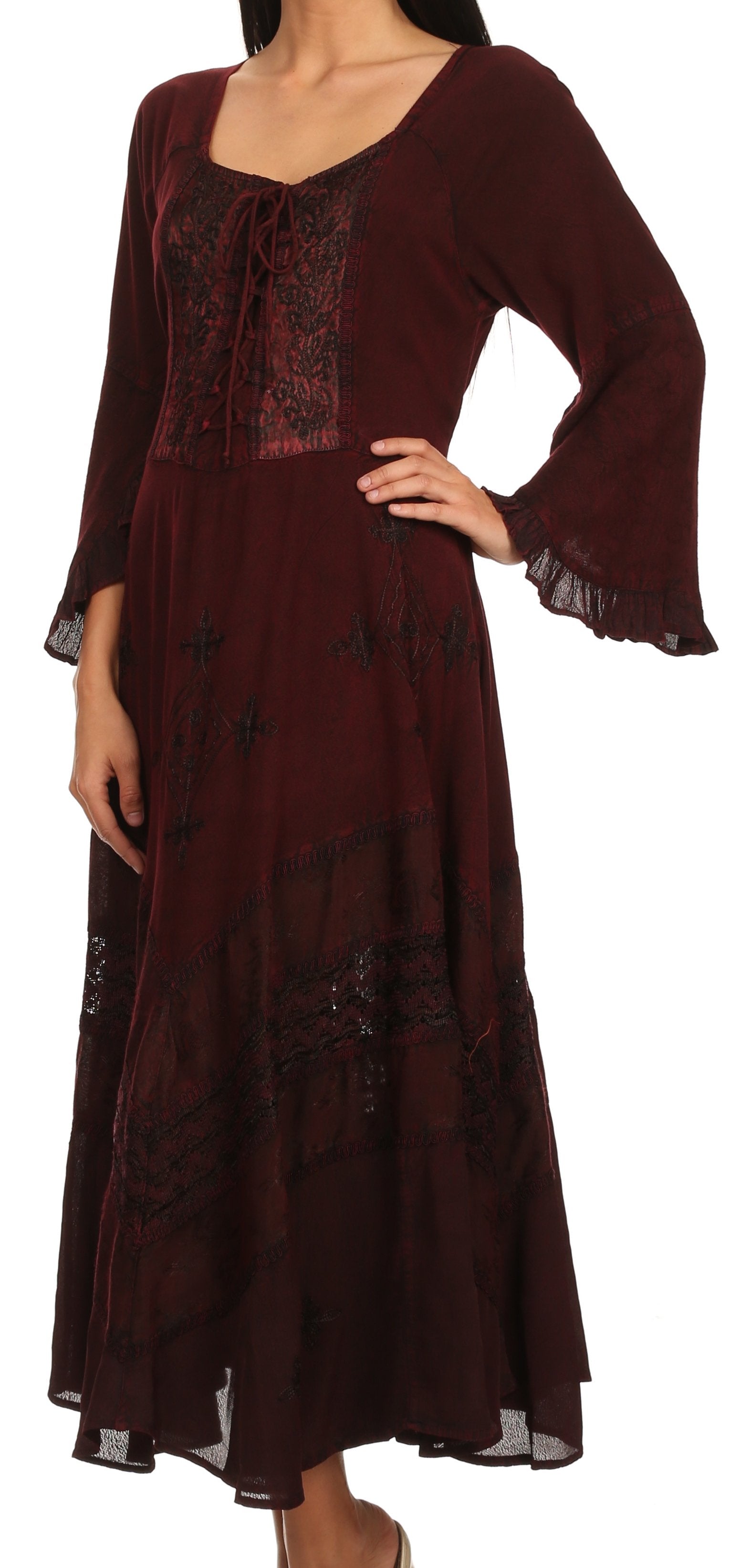 Vestido Sakkas Mirabel con mangas estilo kimono, bordado floral, estilo corsé lavado a la piedra