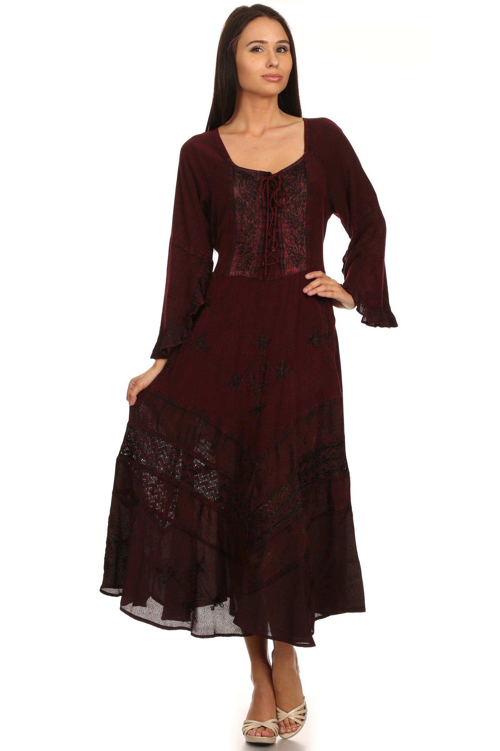Vestido Sakkas Mirabel con mangas estilo kimono, bordado floral, estilo corsé lavado a la piedra