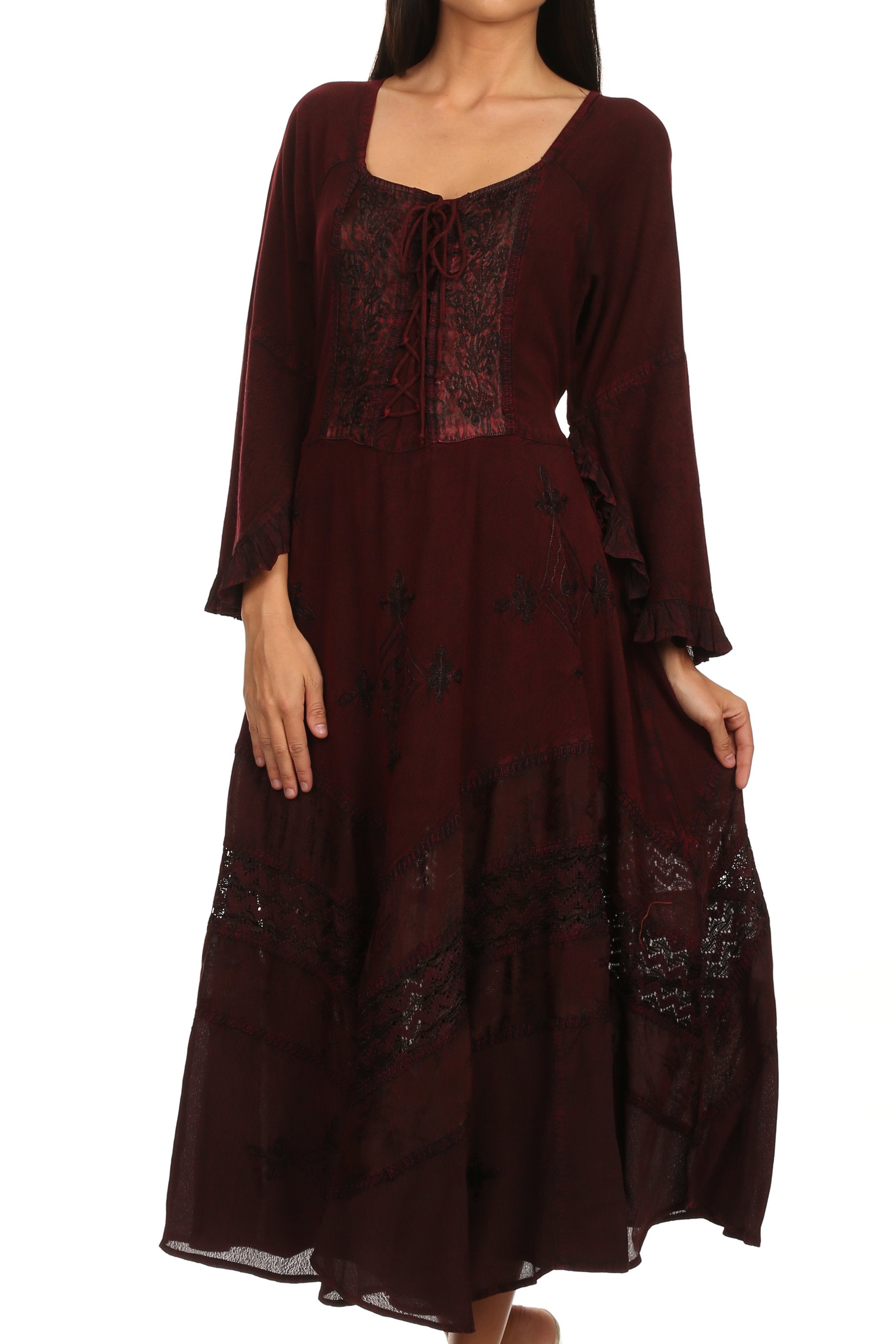 Vestido Sakkas Mirabel con mangas estilo kimono, bordado floral, estilo corsé lavado a la piedra