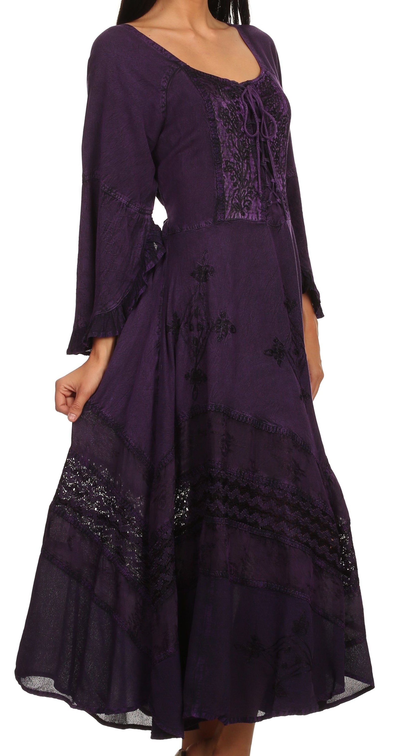 Vestido Sakkas Mirabel con mangas estilo kimono, bordado floral, estilo corsé lavado a la piedra