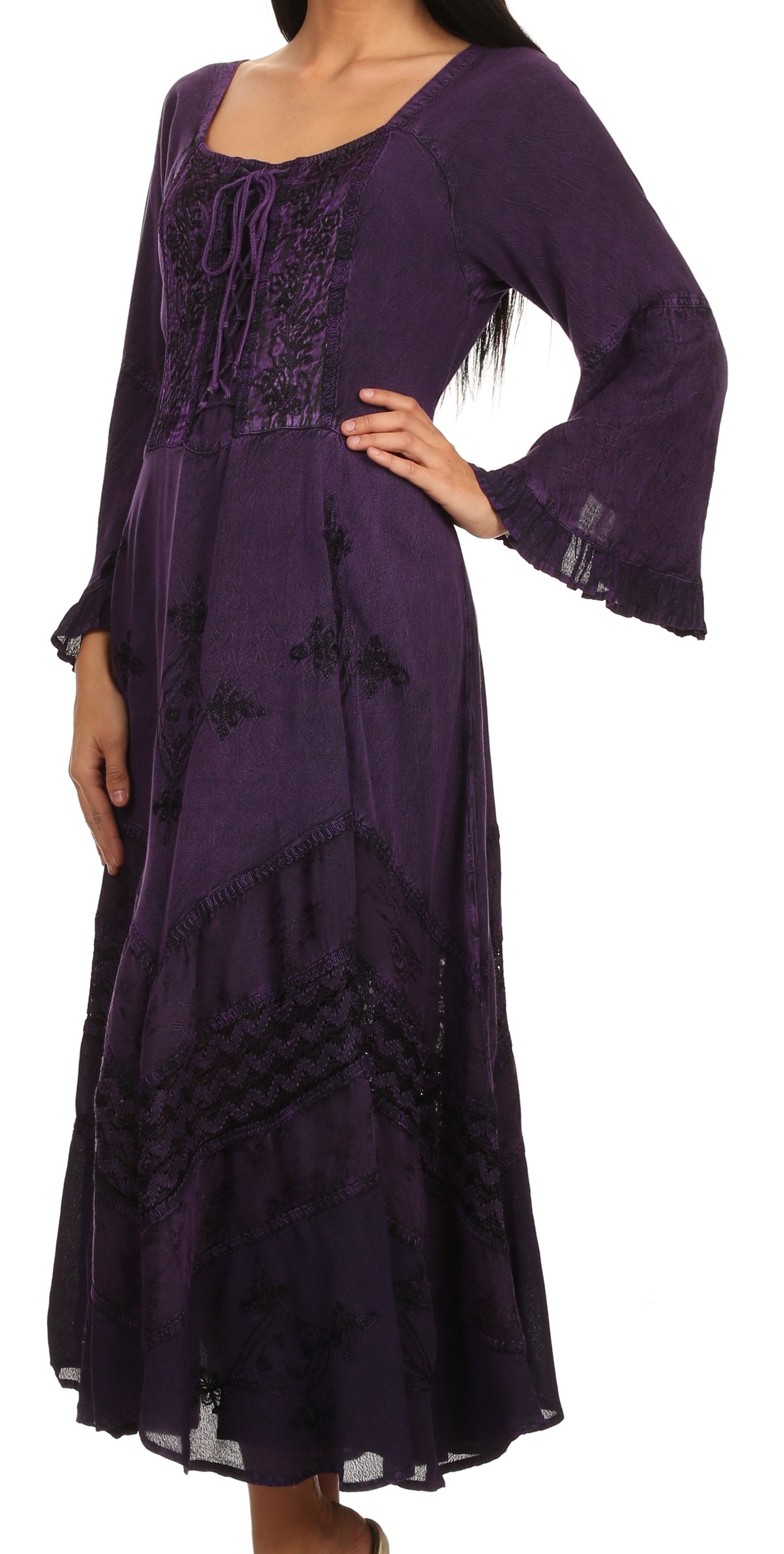 Vestido Sakkas Mirabel con mangas estilo kimono, bordado floral, estilo corsé lavado a la piedra