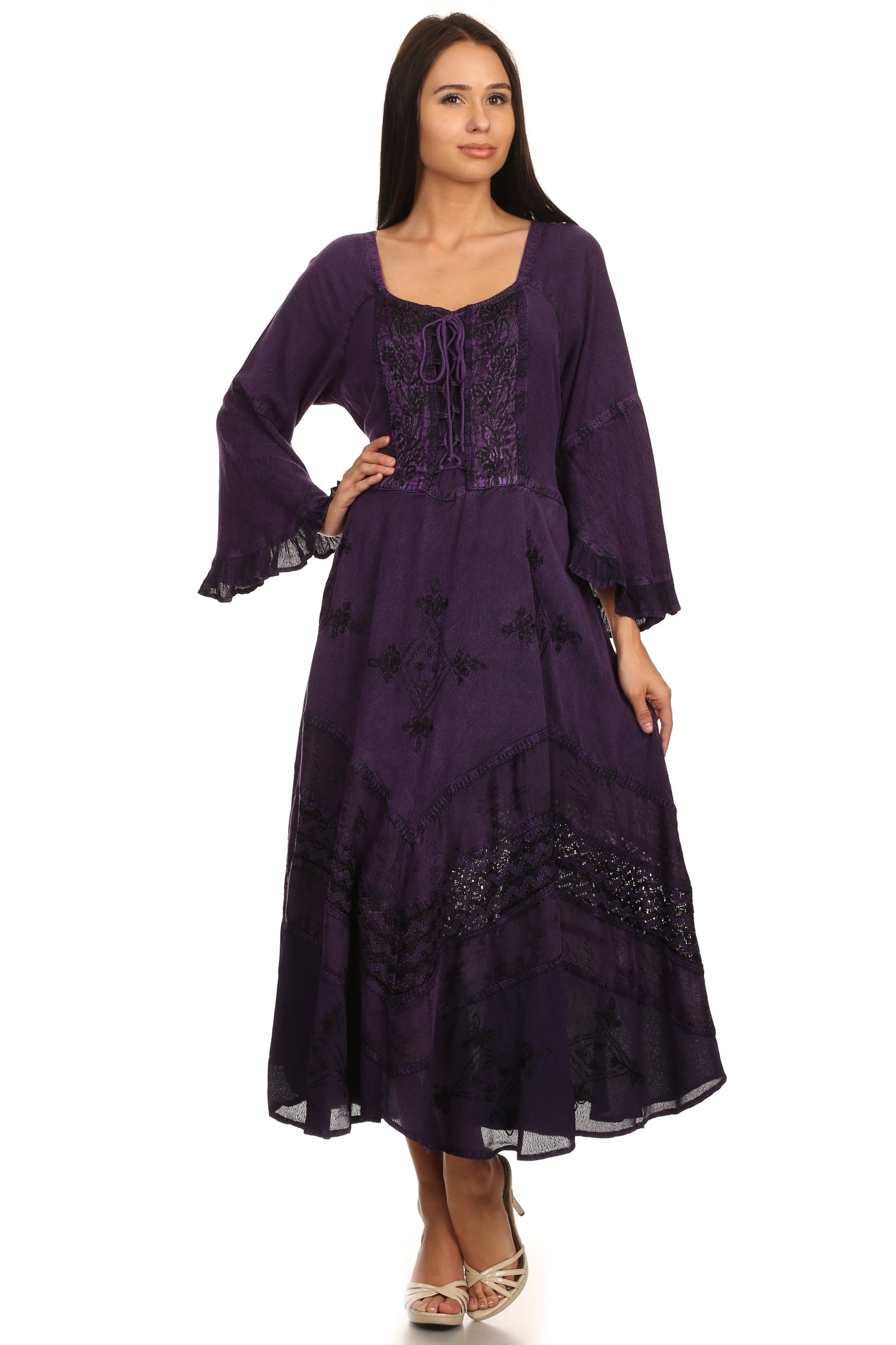 Vestido Sakkas Mirabel con mangas estilo kimono, bordado floral, estilo corsé lavado a la piedra
