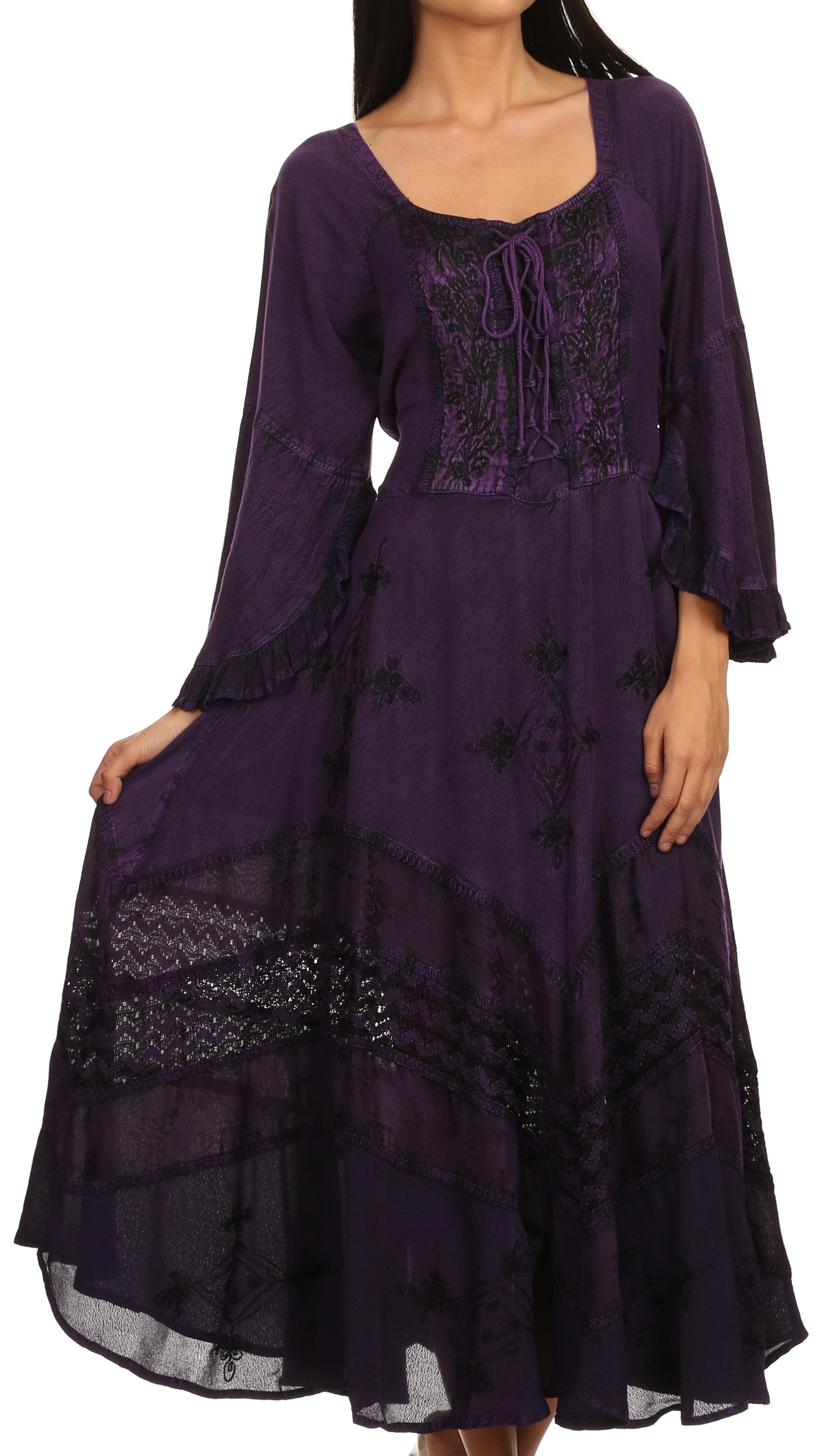 Vestido Sakkas Mirabel con mangas estilo kimono, bordado floral, estilo corsé lavado a la piedra