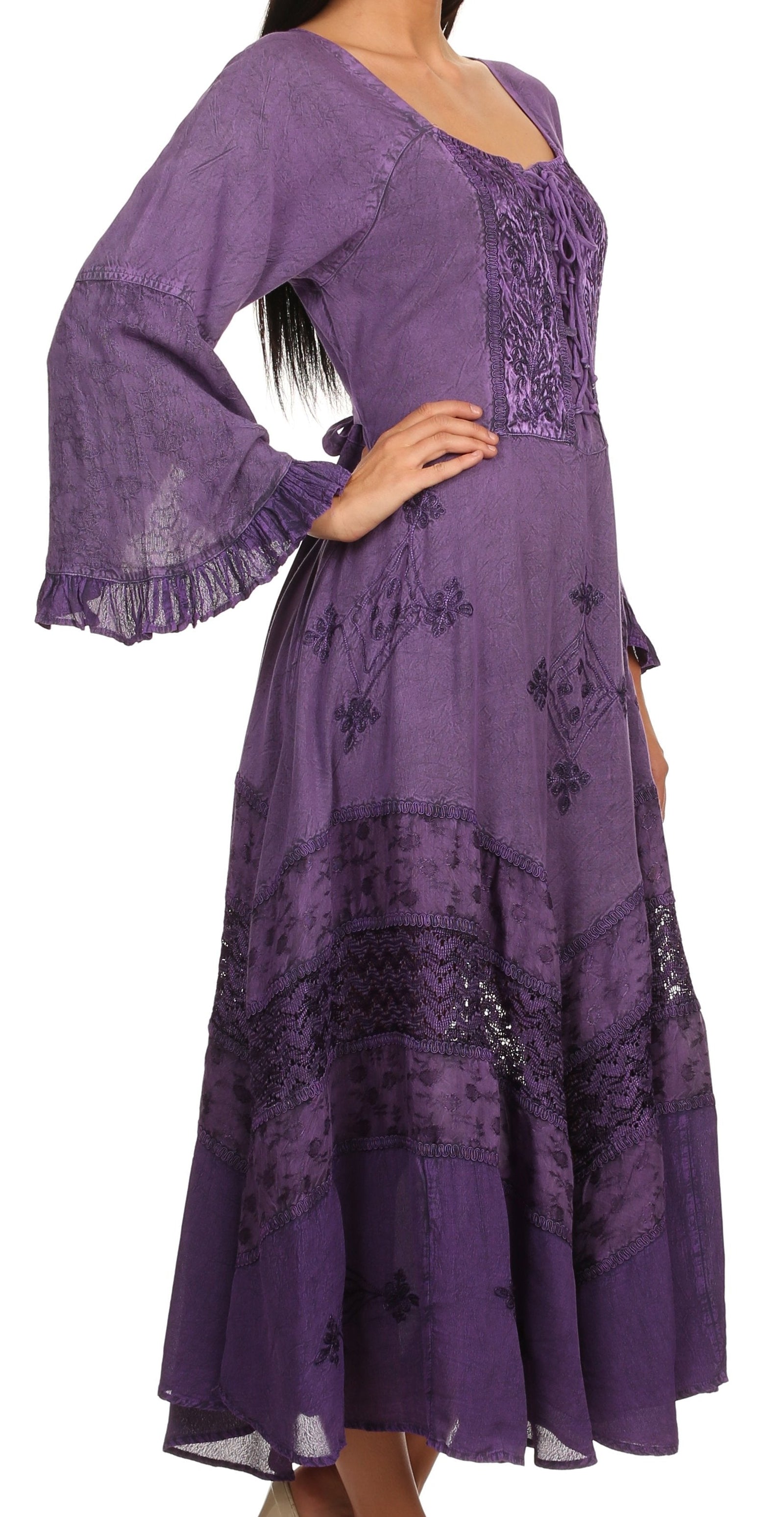 Vestido Sakkas Mirabel con mangas estilo kimono, bordado floral, estilo corsé lavado a la piedra