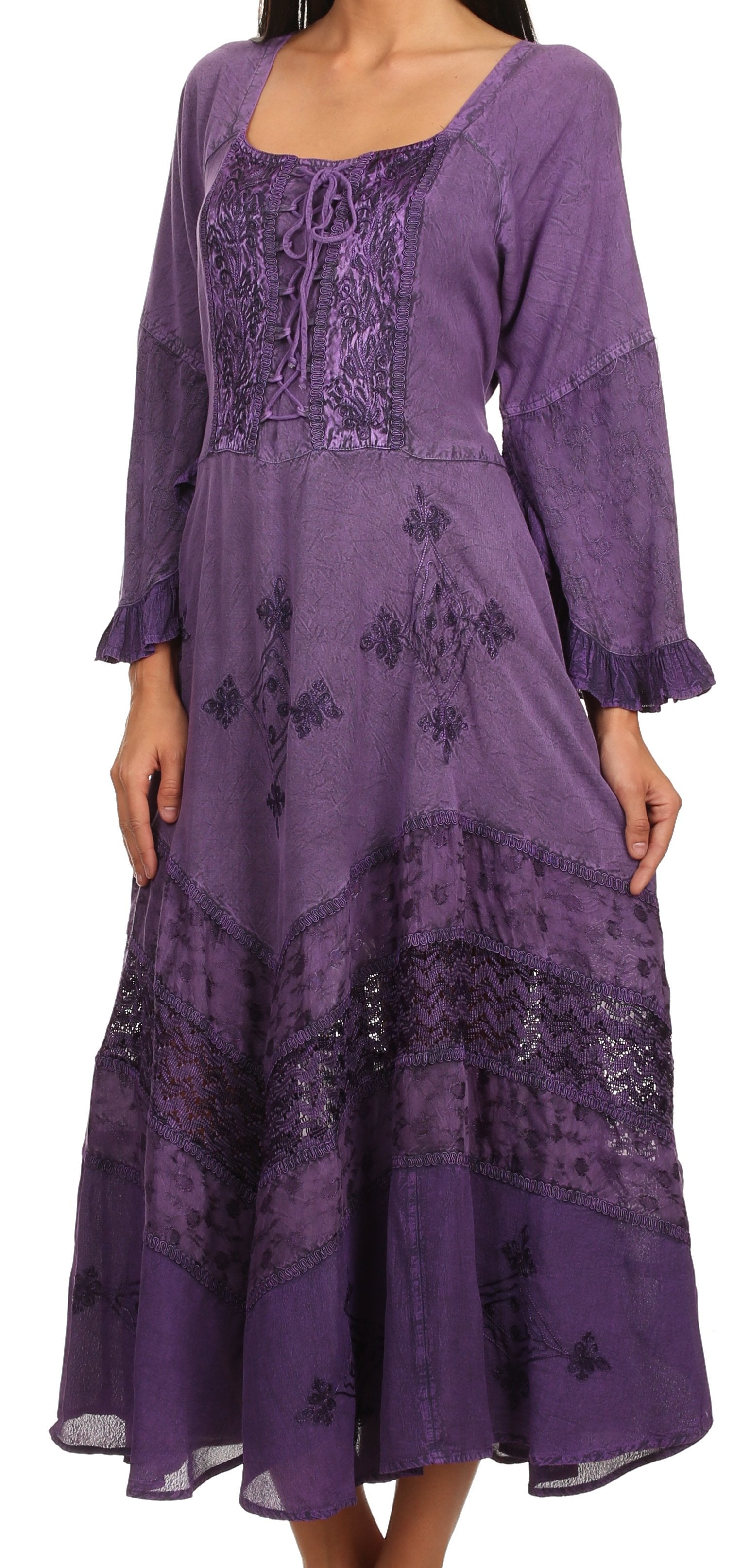 Vestido Sakkas Mirabel con mangas estilo kimono, bordado floral, estilo corsé lavado a la piedra