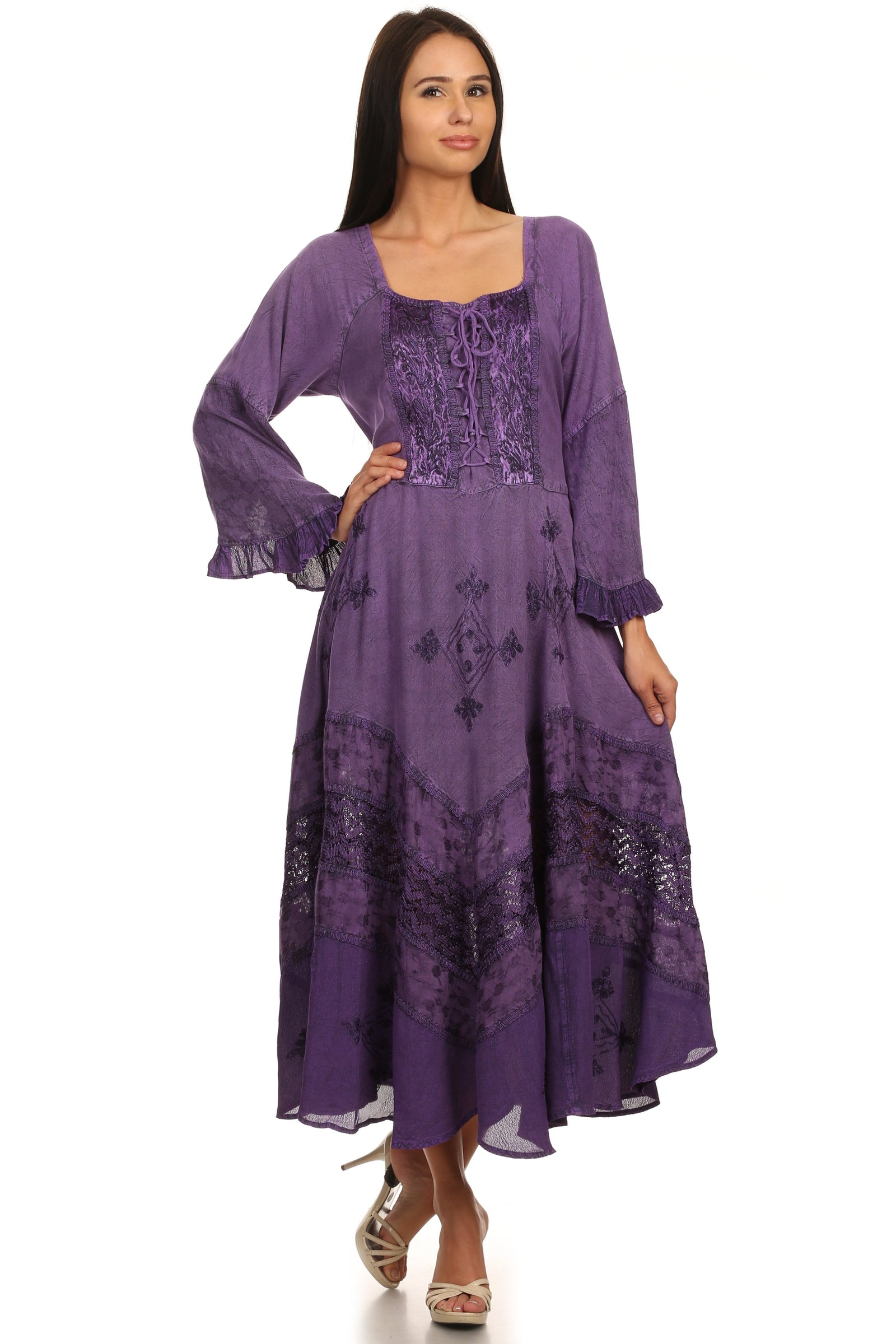Vestido Sakkas Mirabel con mangas estilo kimono, bordado floral, estilo corsé lavado a la piedra