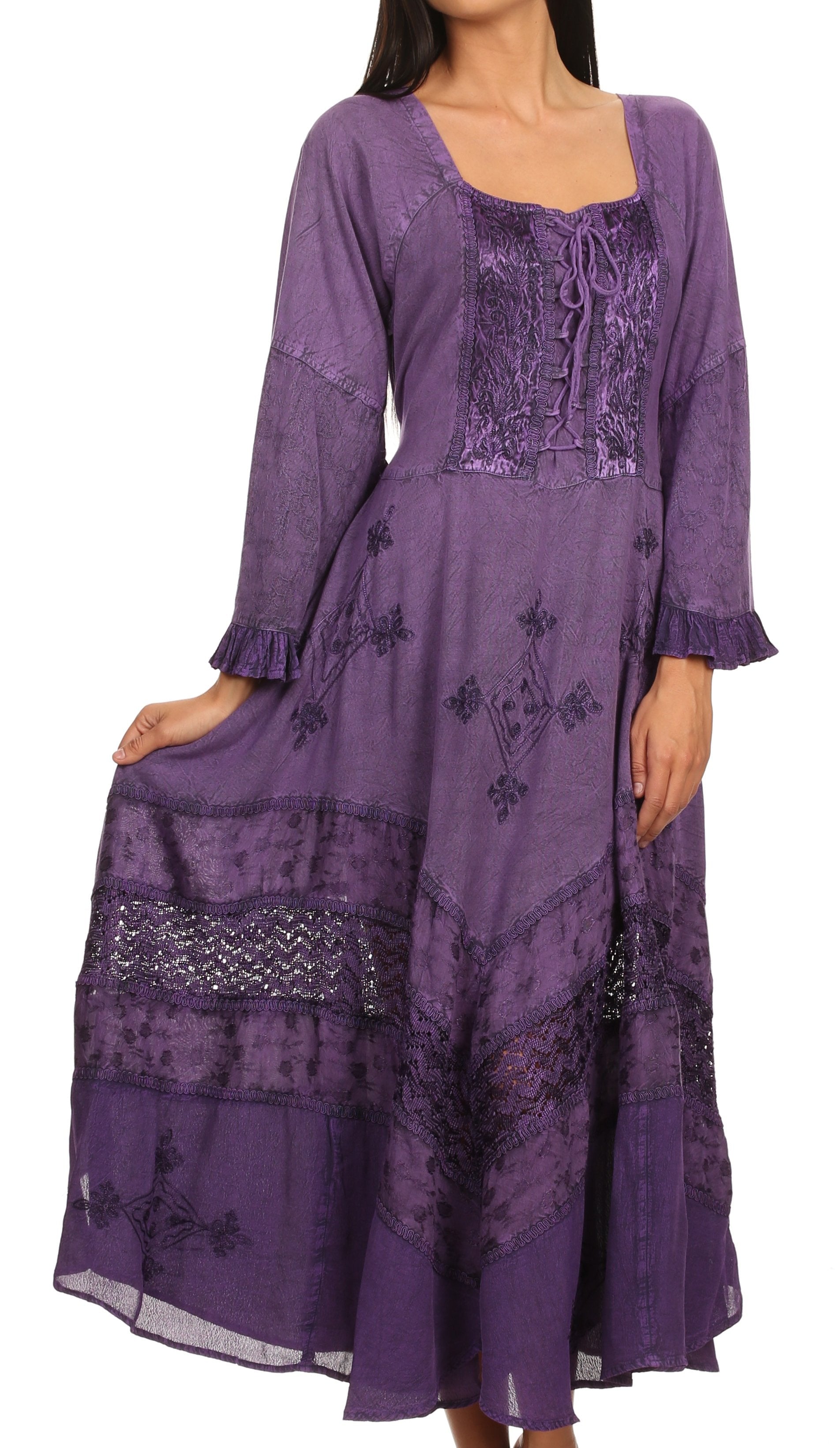 Vestido Sakkas Mirabel con mangas estilo kimono, bordado floral, estilo corsé lavado a la piedra