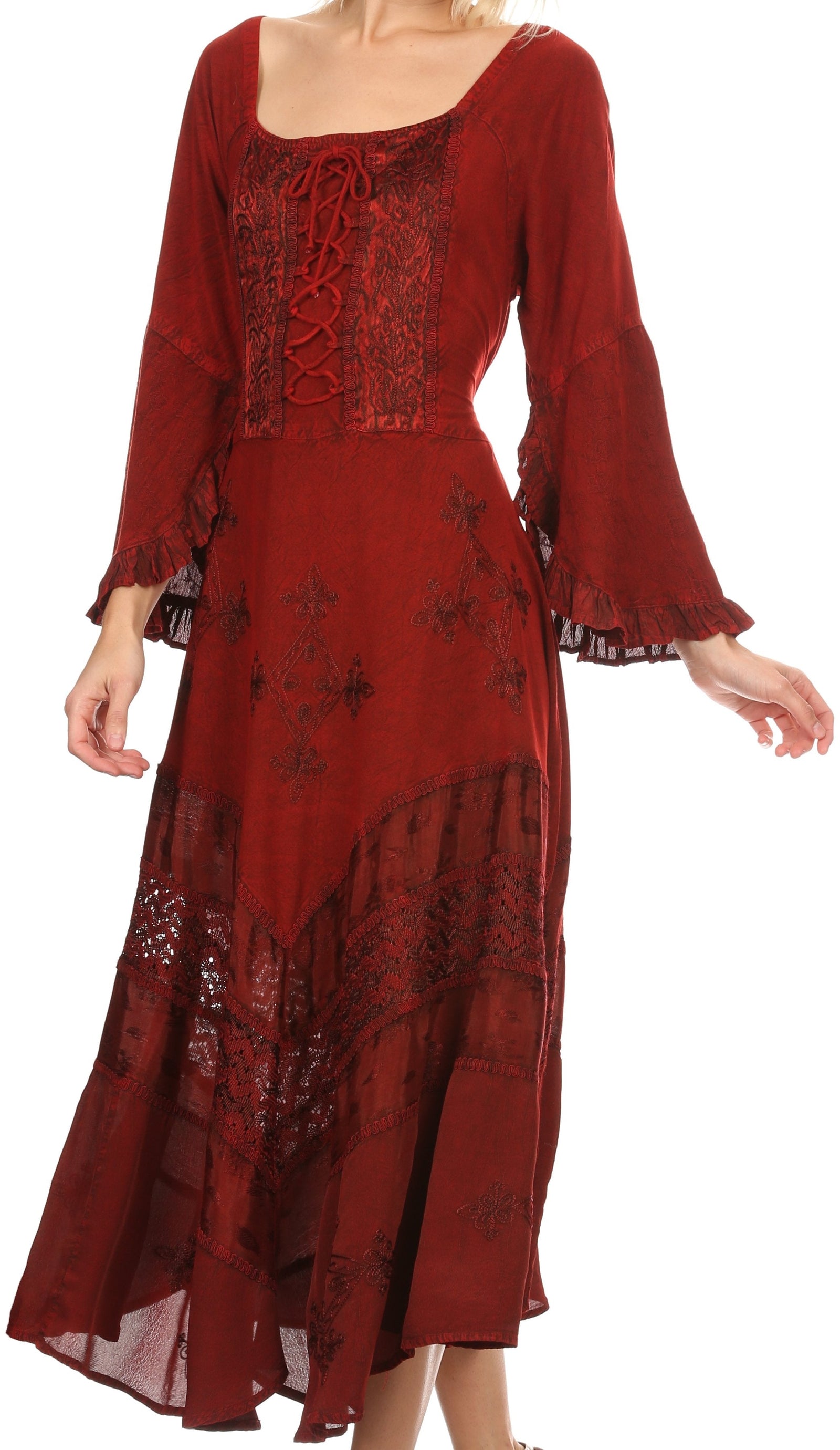 Vestido Sakkas Mirabel con mangas estilo kimono, bordado floral, estilo corsé lavado a la piedra