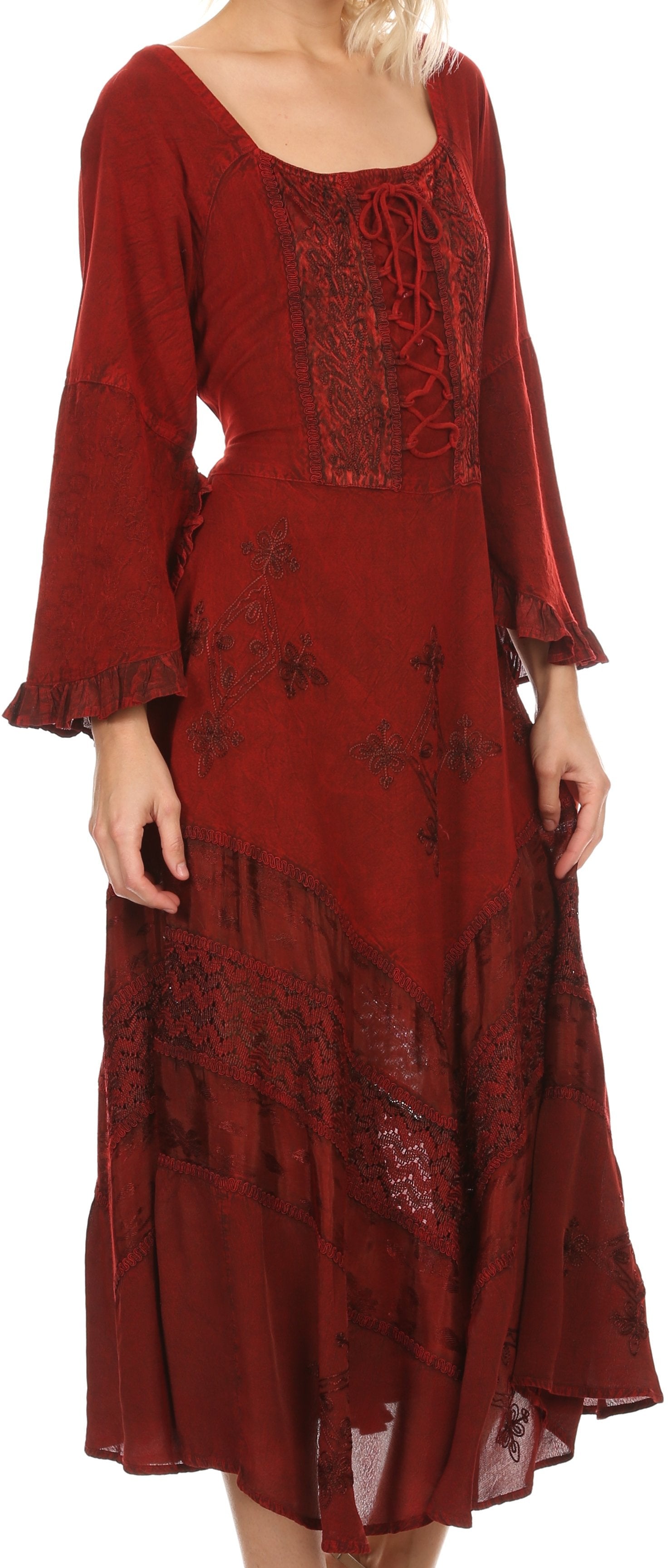 Vestido Sakkas Mirabel con mangas estilo kimono, bordado floral, estilo corsé lavado a la piedra