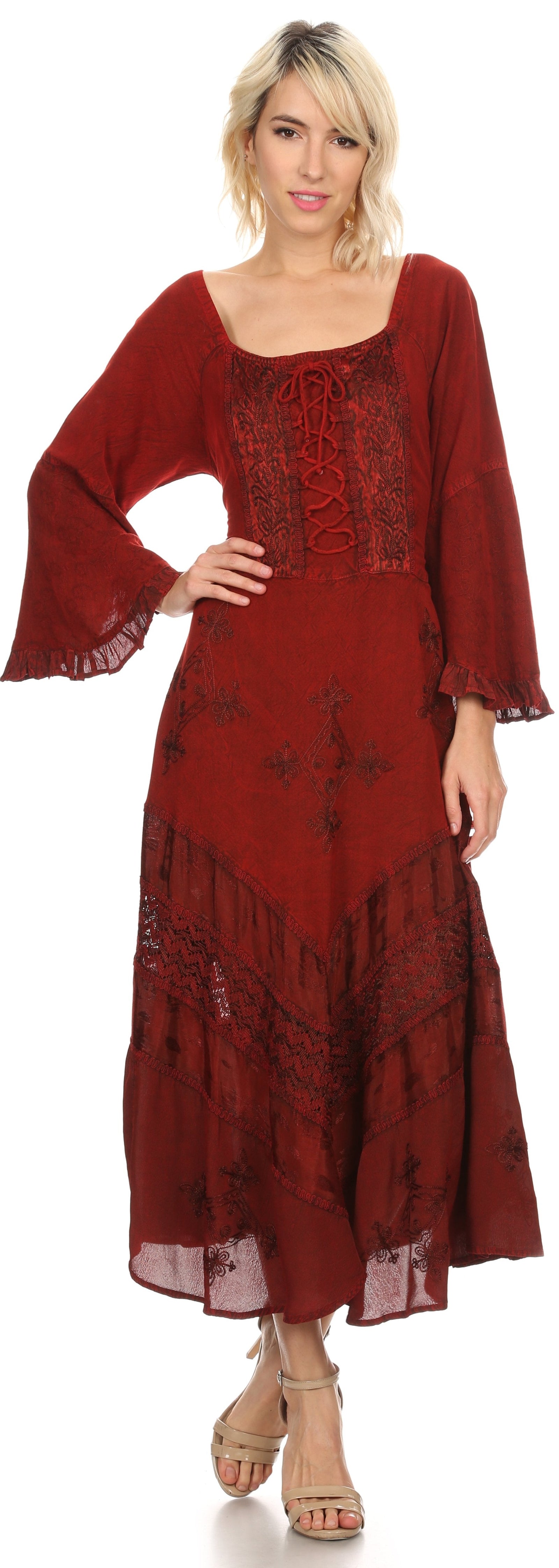 Vestido Sakkas Mirabel con mangas estilo kimono, bordado floral, estilo corsé lavado a la piedra