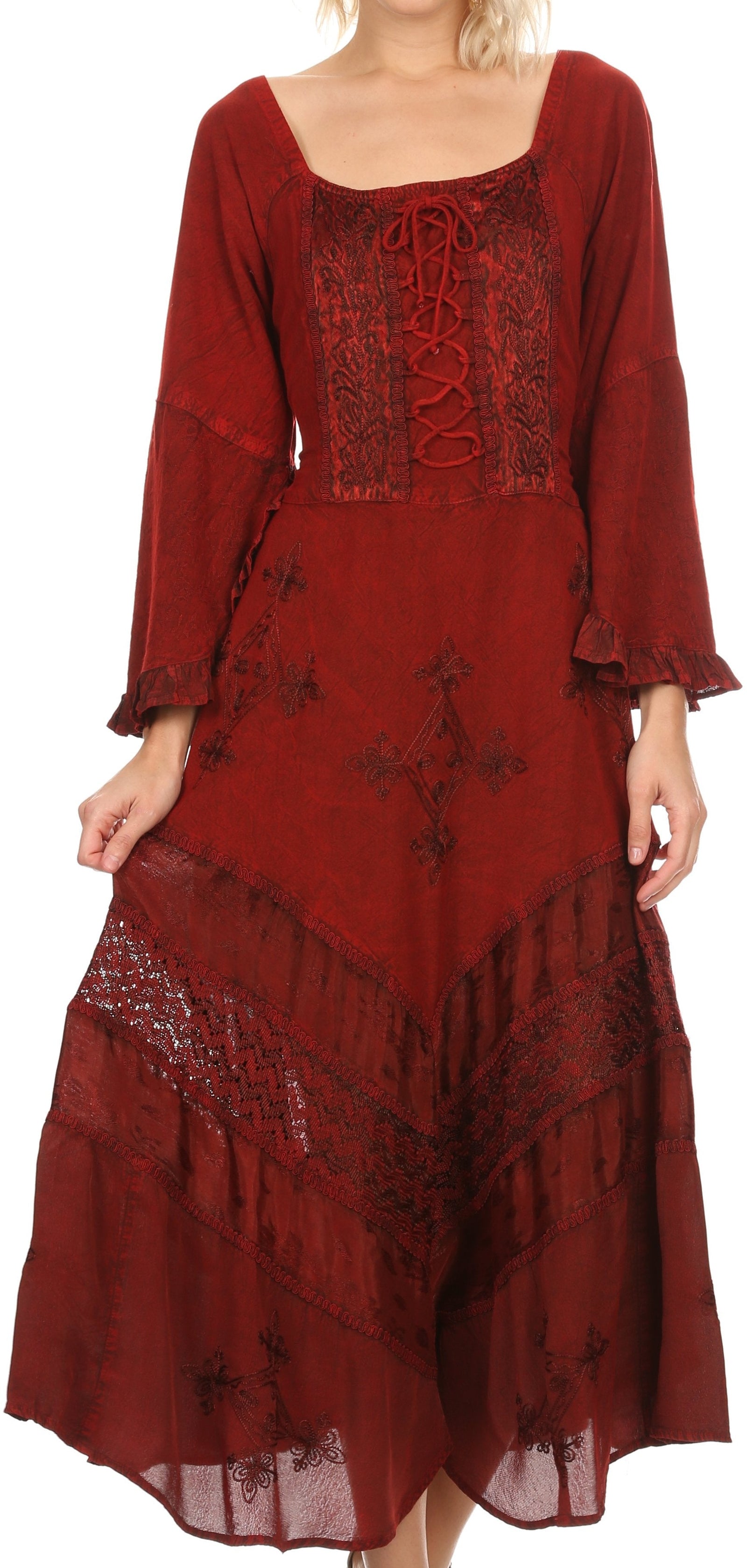 Vestido Sakkas Mirabel con mangas estilo kimono, bordado floral, estilo corsé lavado a la piedra