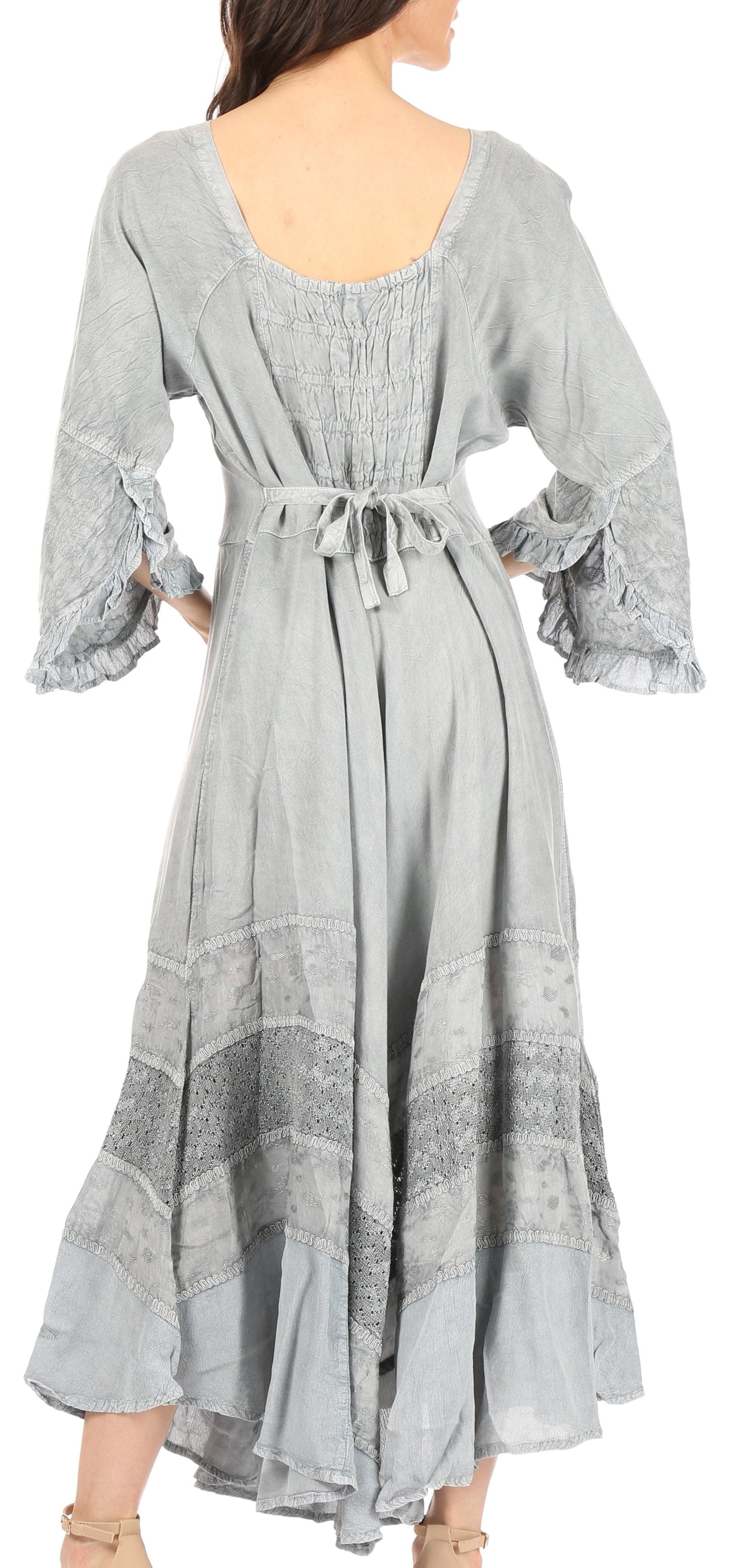 Vestido Sakkas Mirabel con mangas estilo kimono, bordado floral, estilo corsé lavado a la piedra