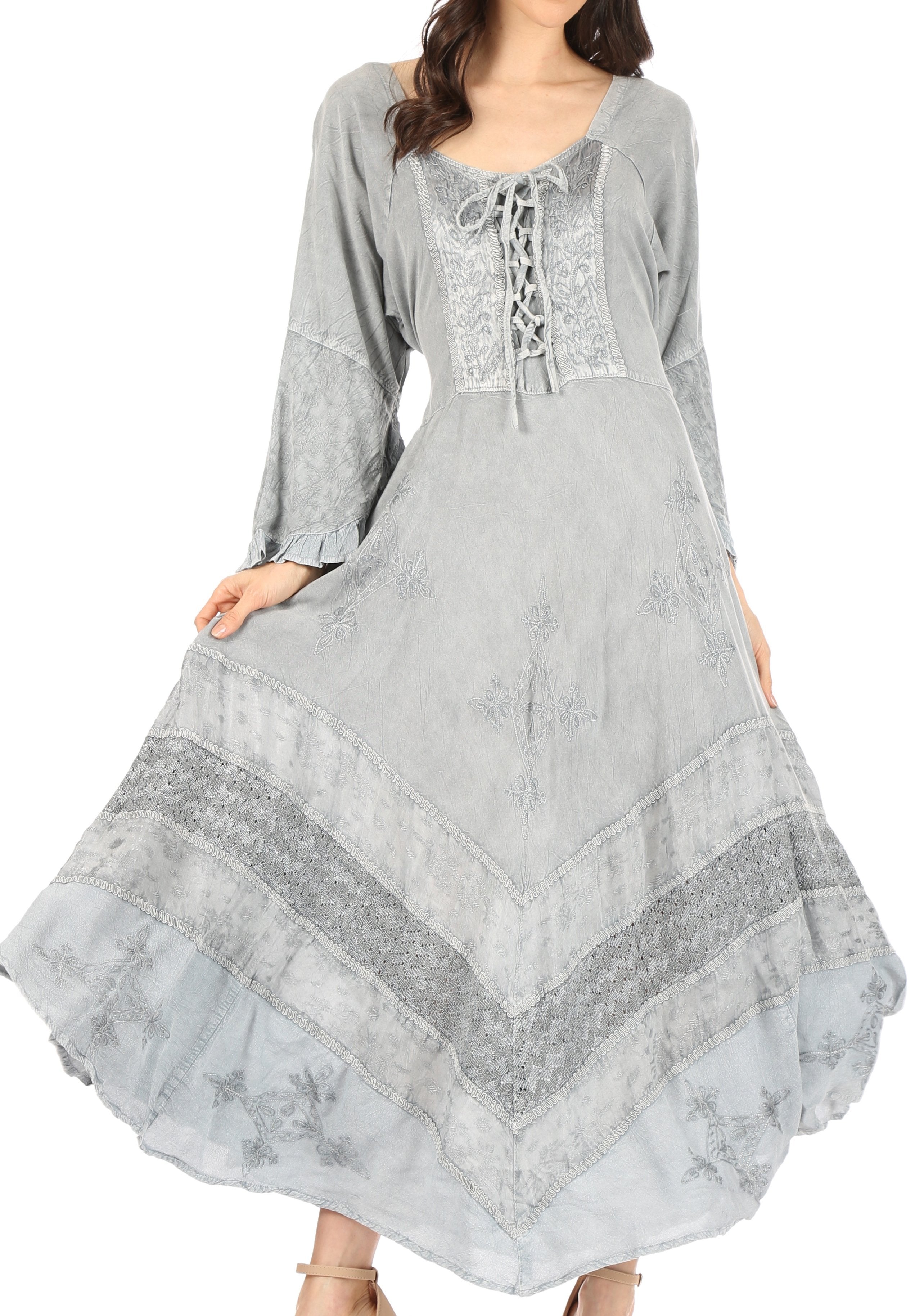 Vestido Sakkas Mirabel con mangas estilo kimono, bordado floral, estilo corsé lavado a la piedra