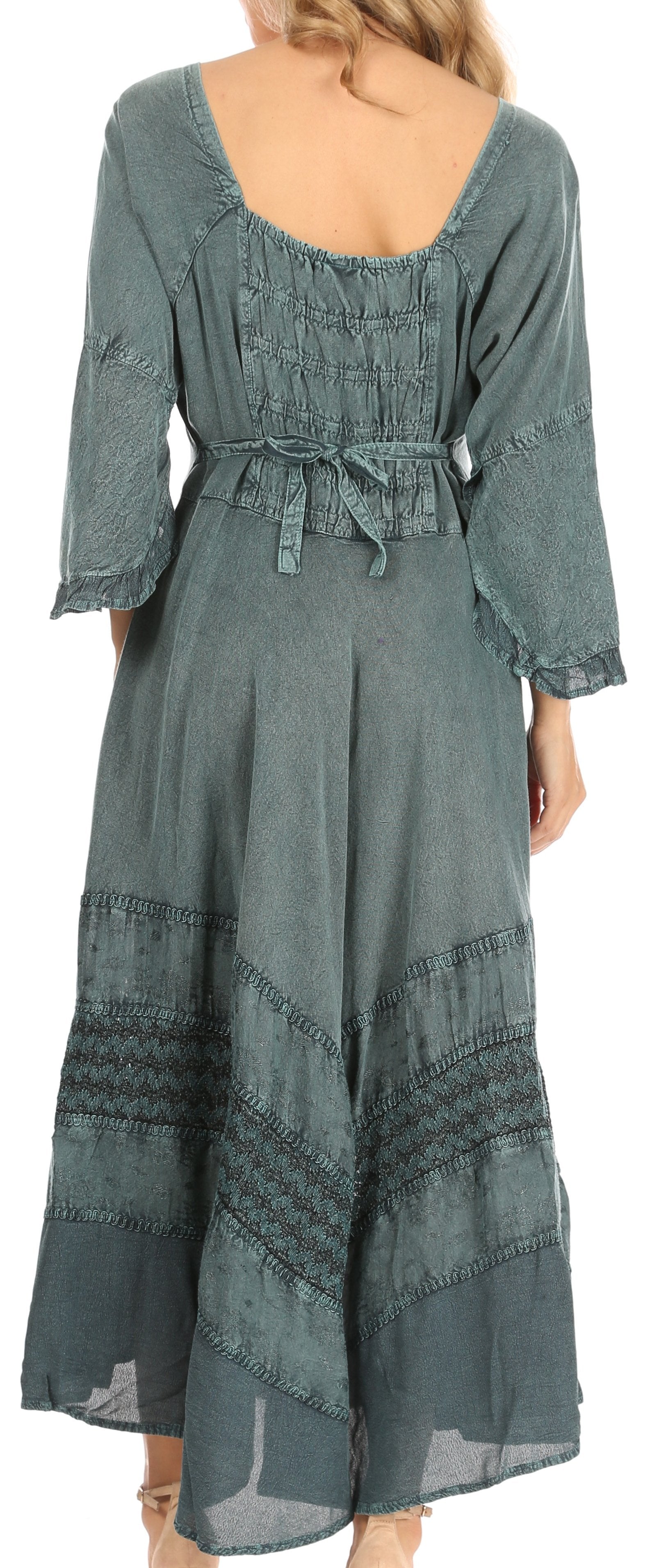 Vestido Sakkas Mirabel con mangas estilo kimono, bordado floral, estilo corsé lavado a la piedra