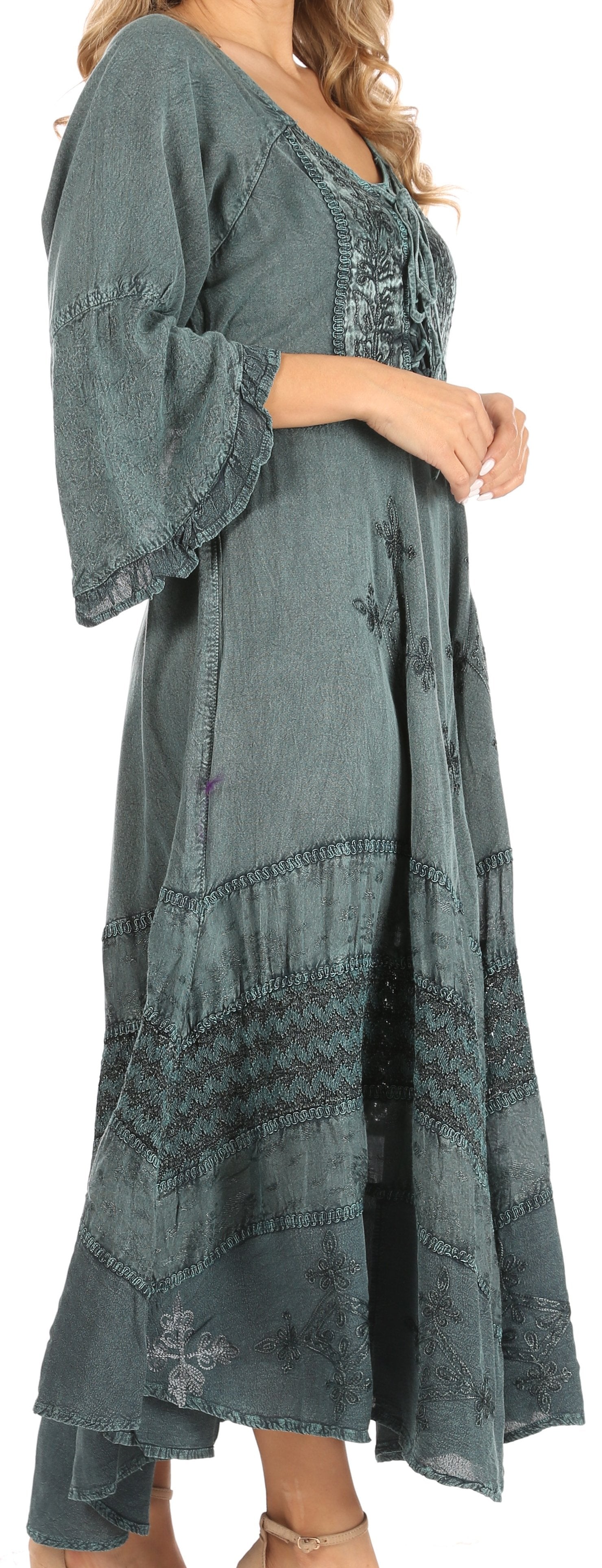 Vestido Sakkas Mirabel con mangas estilo kimono, bordado floral, estilo corsé lavado a la piedra