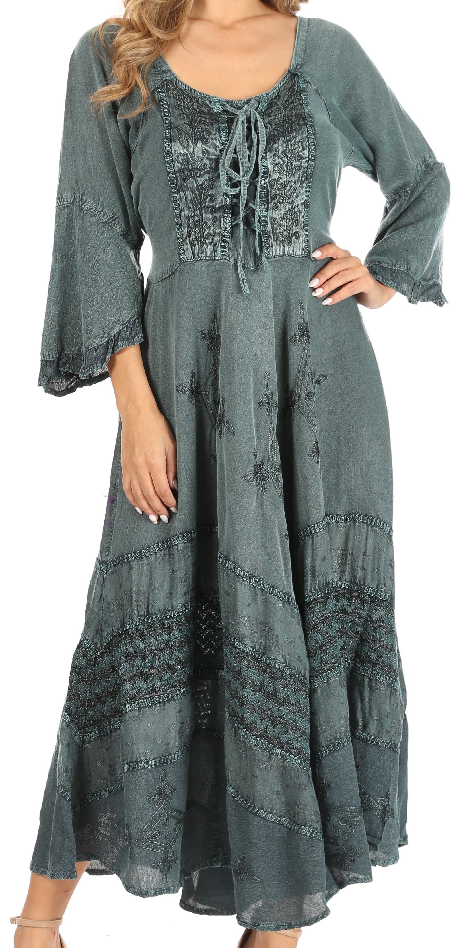 Vestido Sakkas Mirabel con mangas estilo kimono, bordado floral, estilo corsé lavado a la piedra