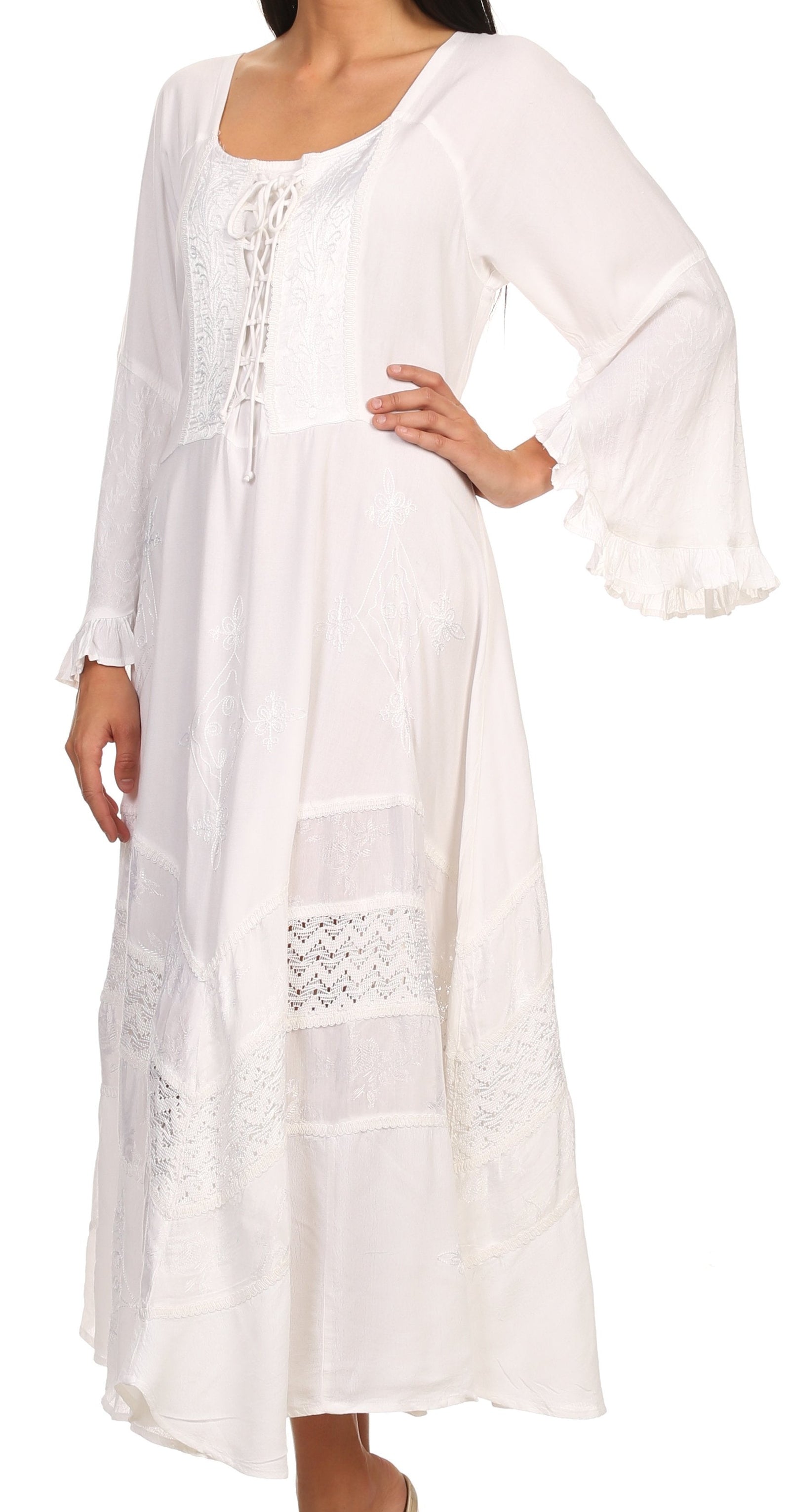 Vestido Sakkas Mirabel con mangas estilo kimono, bordado floral, estilo corsé lavado a la piedra