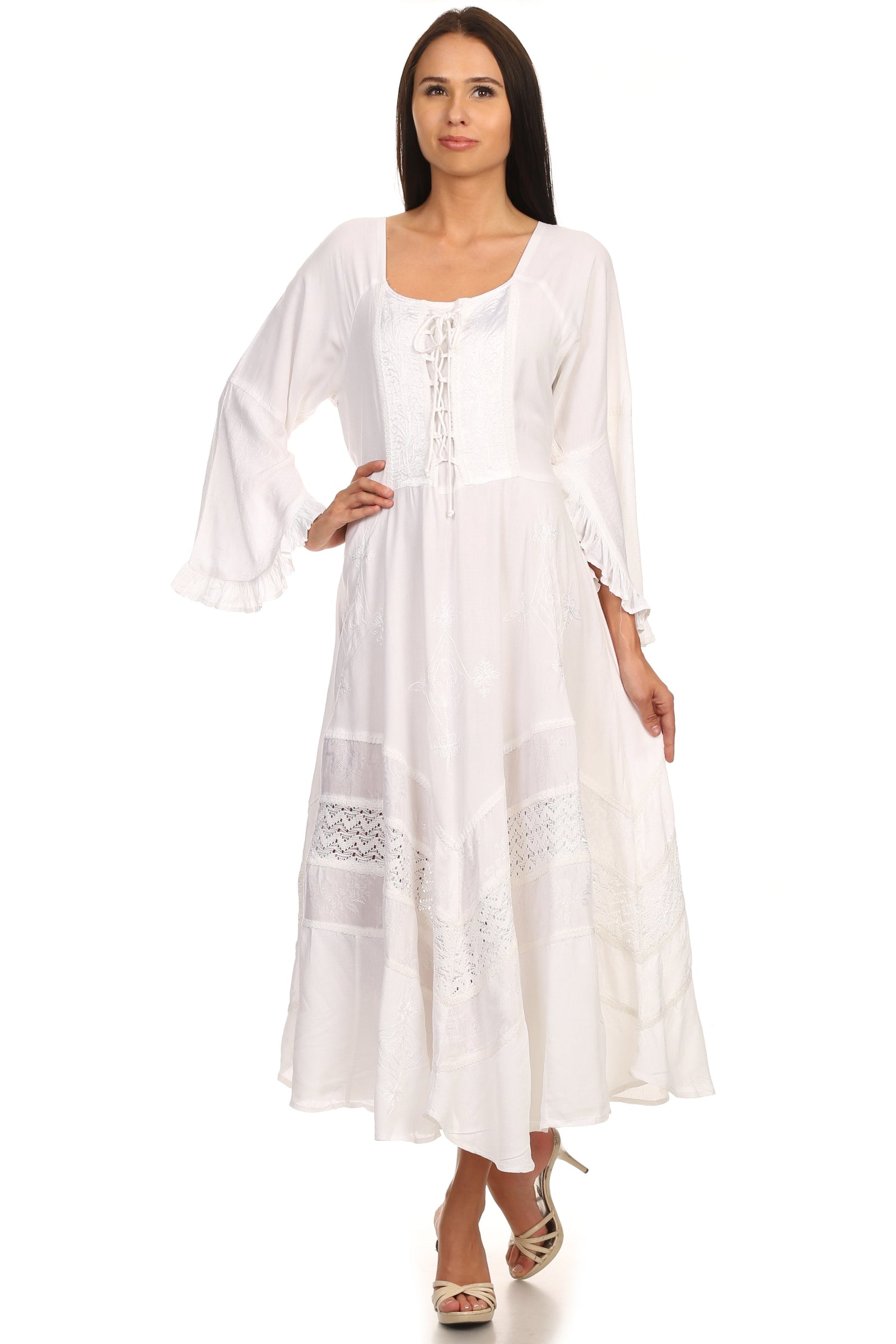 Vestido Sakkas Mirabel con mangas estilo kimono, bordado floral, estilo corsé lavado a la piedra