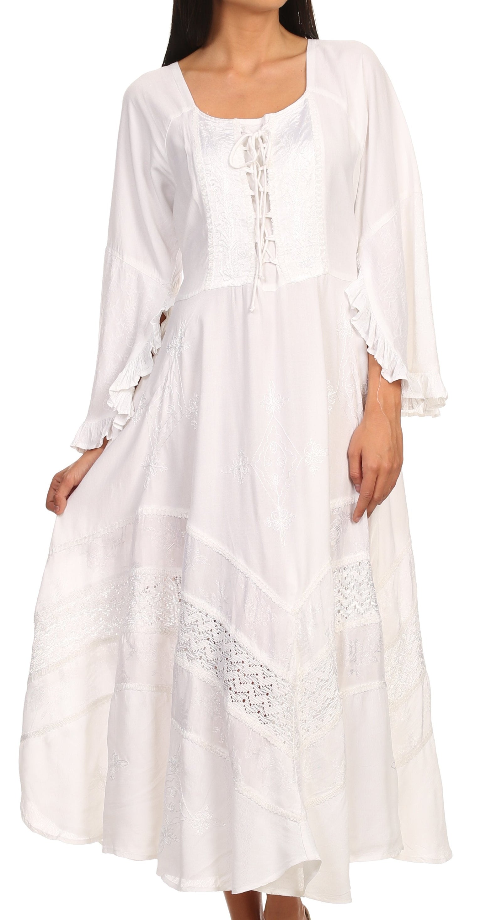 Vestido Sakkas Mirabel con mangas estilo kimono, bordado floral, estilo corsé lavado a la piedra